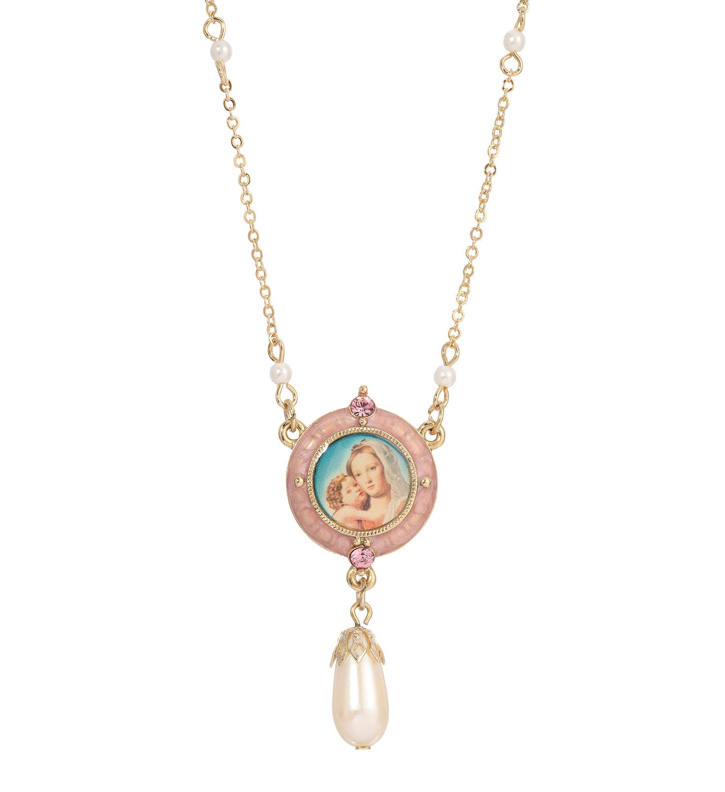 Symbols Of Faith Pink & Faux Pearl Drop Pendant Madonna and Child Necklace 16" + 3" Extender