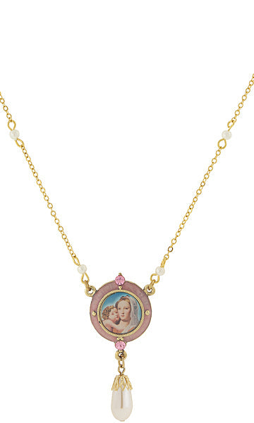 Symbols Of Faith Pink & Faux Pearl Drop Pendant Madonna and Child Necklace 16" + 3" Extender