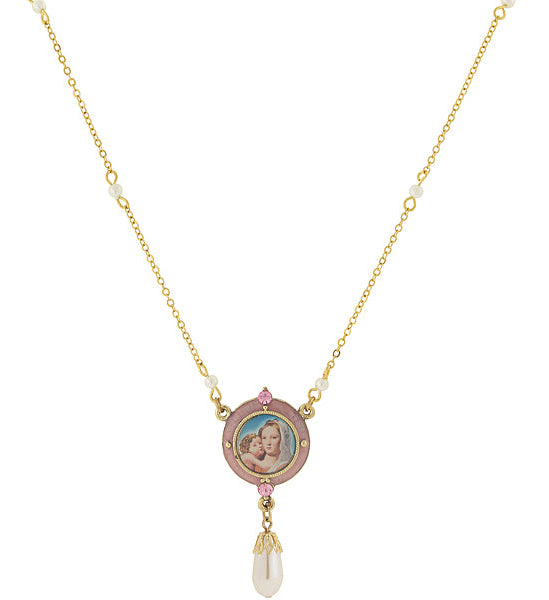 Symbols Of Faith Pink & Faux Pearl Drop Pendant Madonna and Child Necklace 16" + 3" Extender