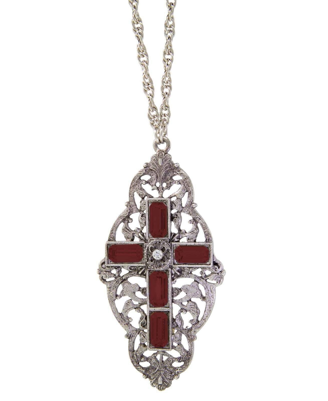 Symbols Of Faith Pewter Stone Cross Pendant Necklace 28"