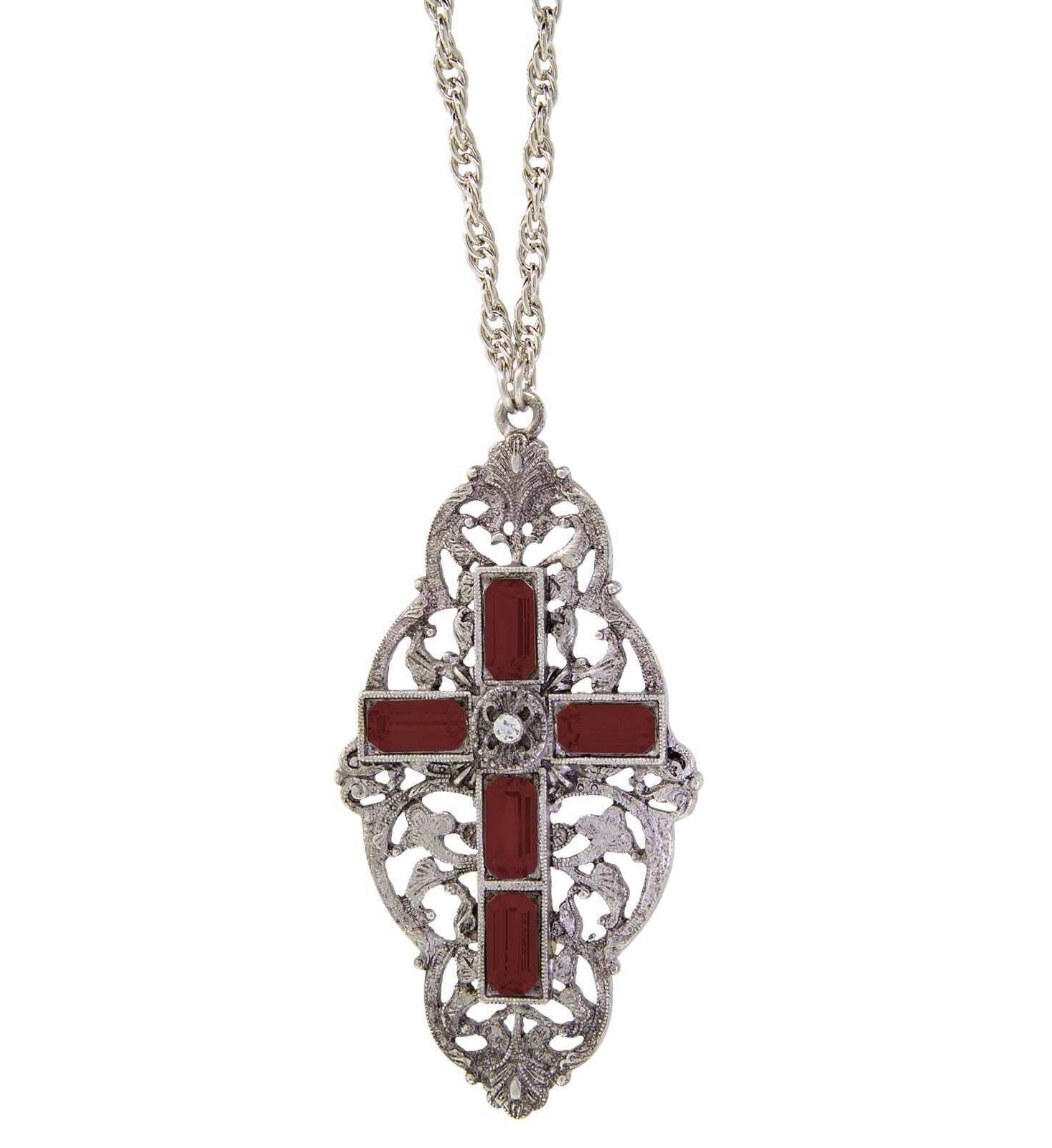 Symbols Of Faith Pewter Stone Cross Pendant Necklace 28"