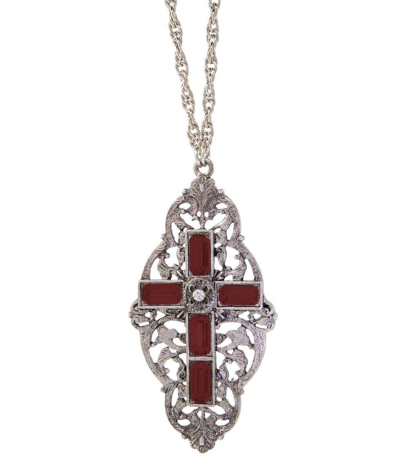 Symbols Of Faith Pewter Stone Cross Pendant Necklace 28"