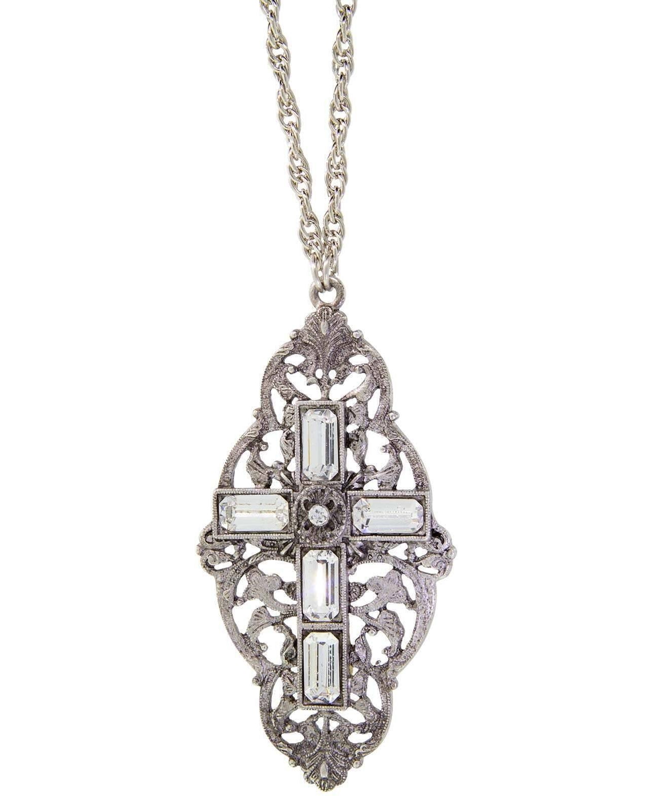 Symbols Of Faith Pewter Stone Cross Pendant Necklace 28"