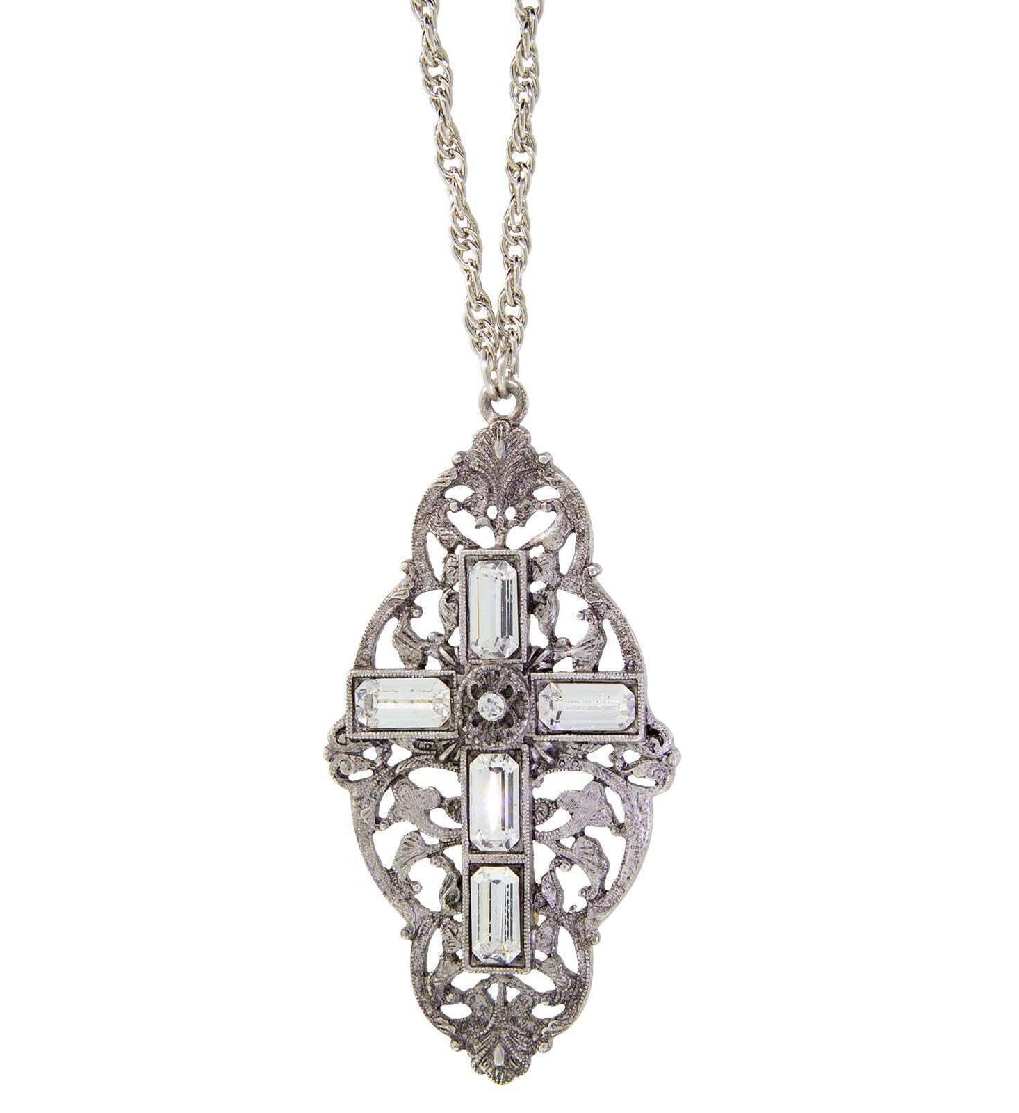 Symbols Of Faith Pewter Stone Cross Pendant Necklace 28"