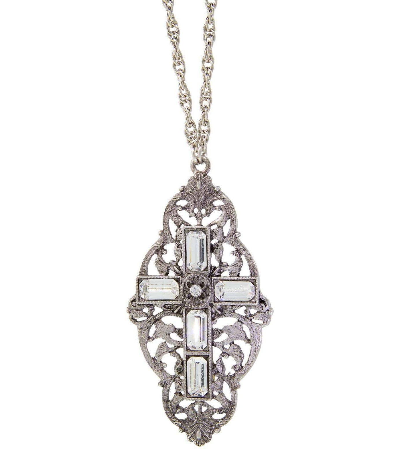 Symbols Of Faith Pewter Stone Cross Pendant Necklace 28"
