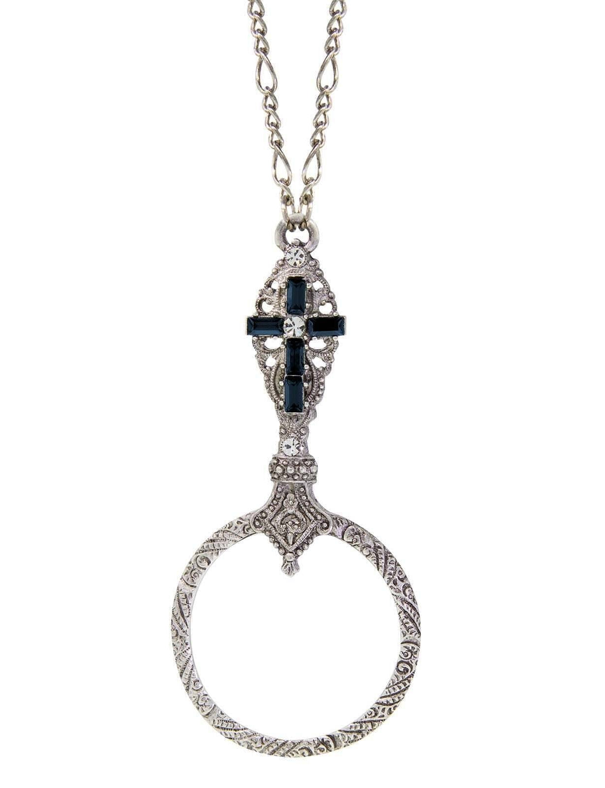 Symbols Of Faith Pewter Crystal Cross Round Magnifying Pendant Necklace 28" - Magnification Power: 2X