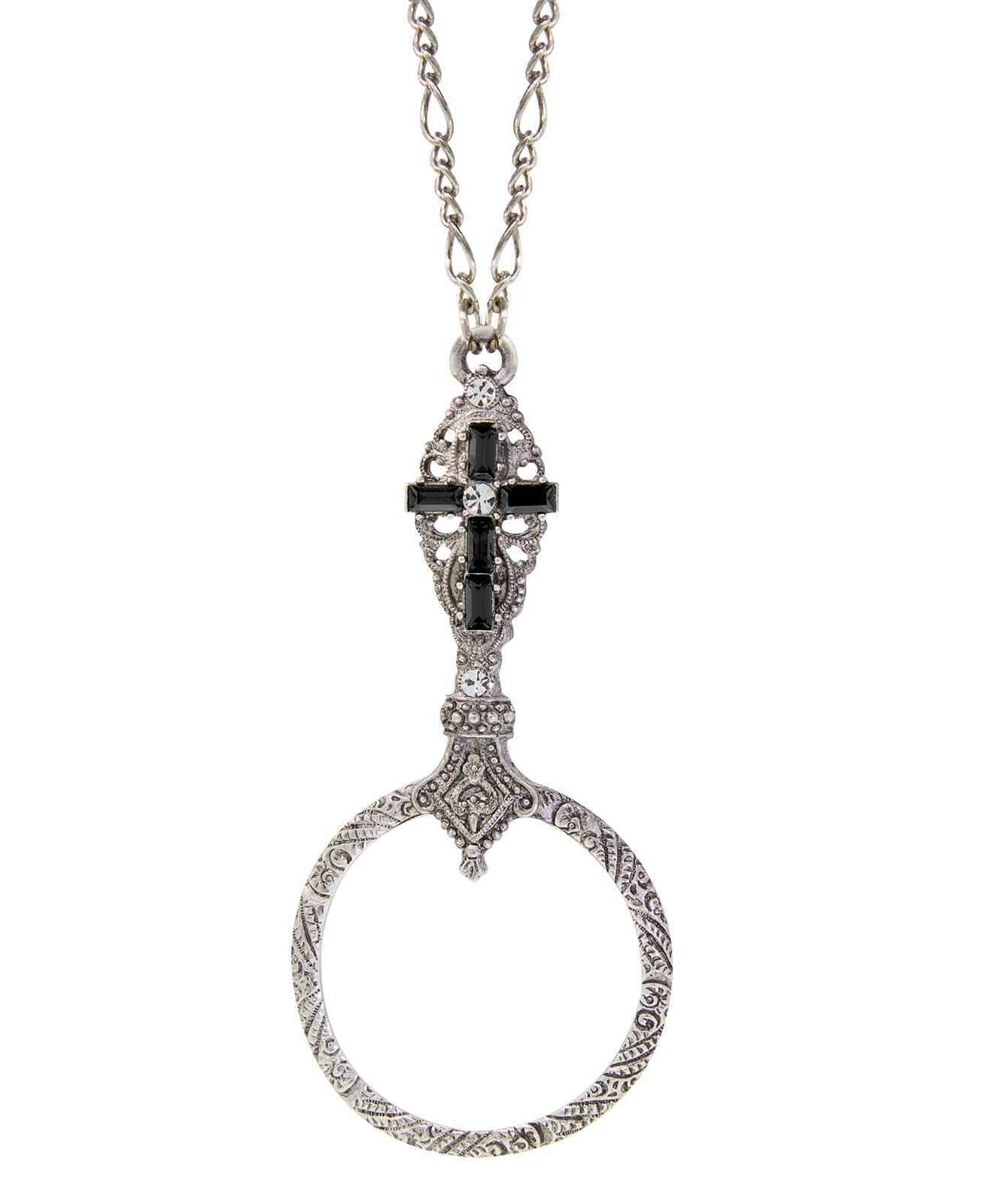 Symbols Of Faith Pewter Crystal Cross Round Magnifying Pendant Necklace 28" - Magnification Power: 2X