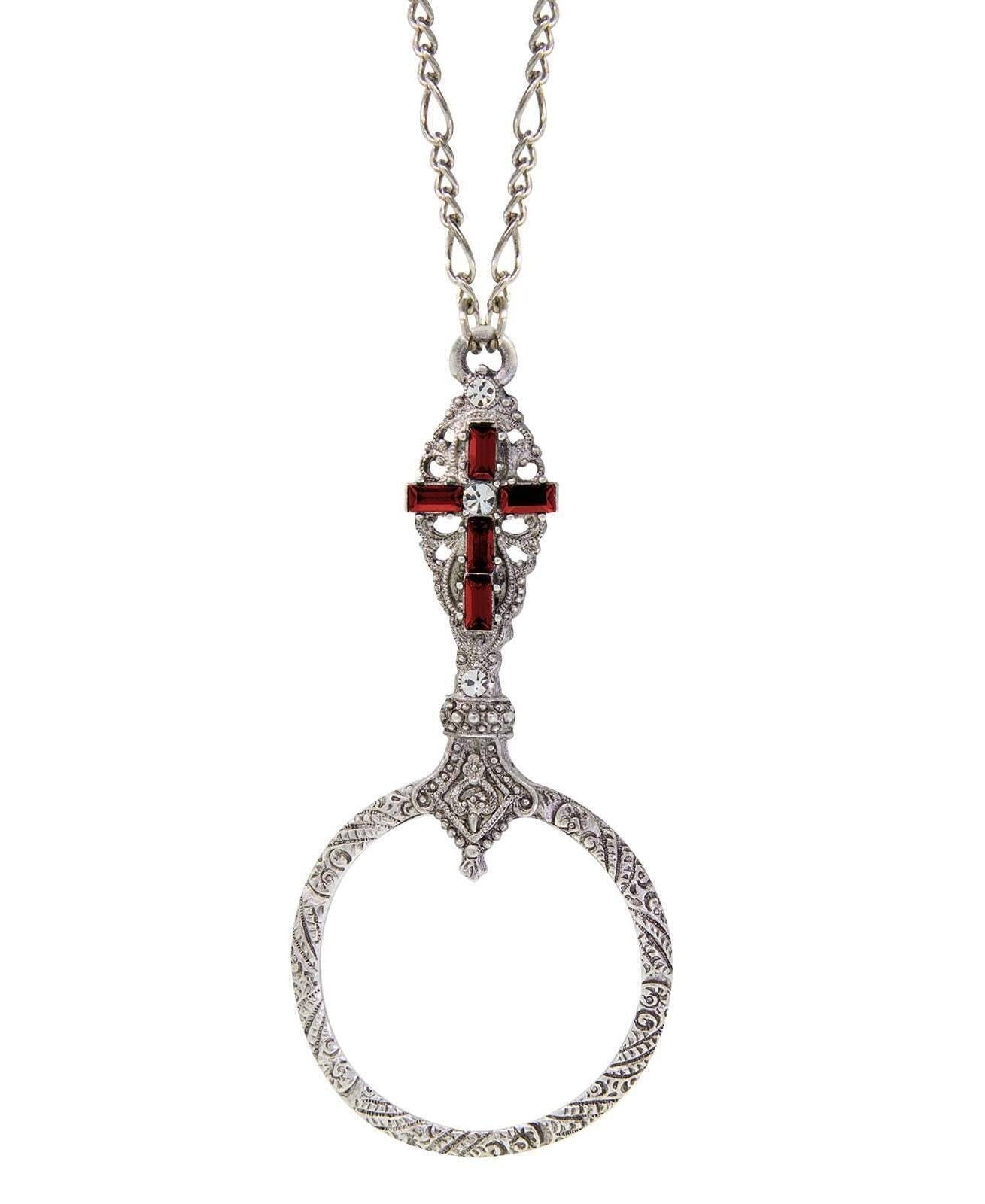 Symbols Of Faith Pewter Crystal Cross Round Magnifying Pendant Necklace 28" - Magnification Power: 2X