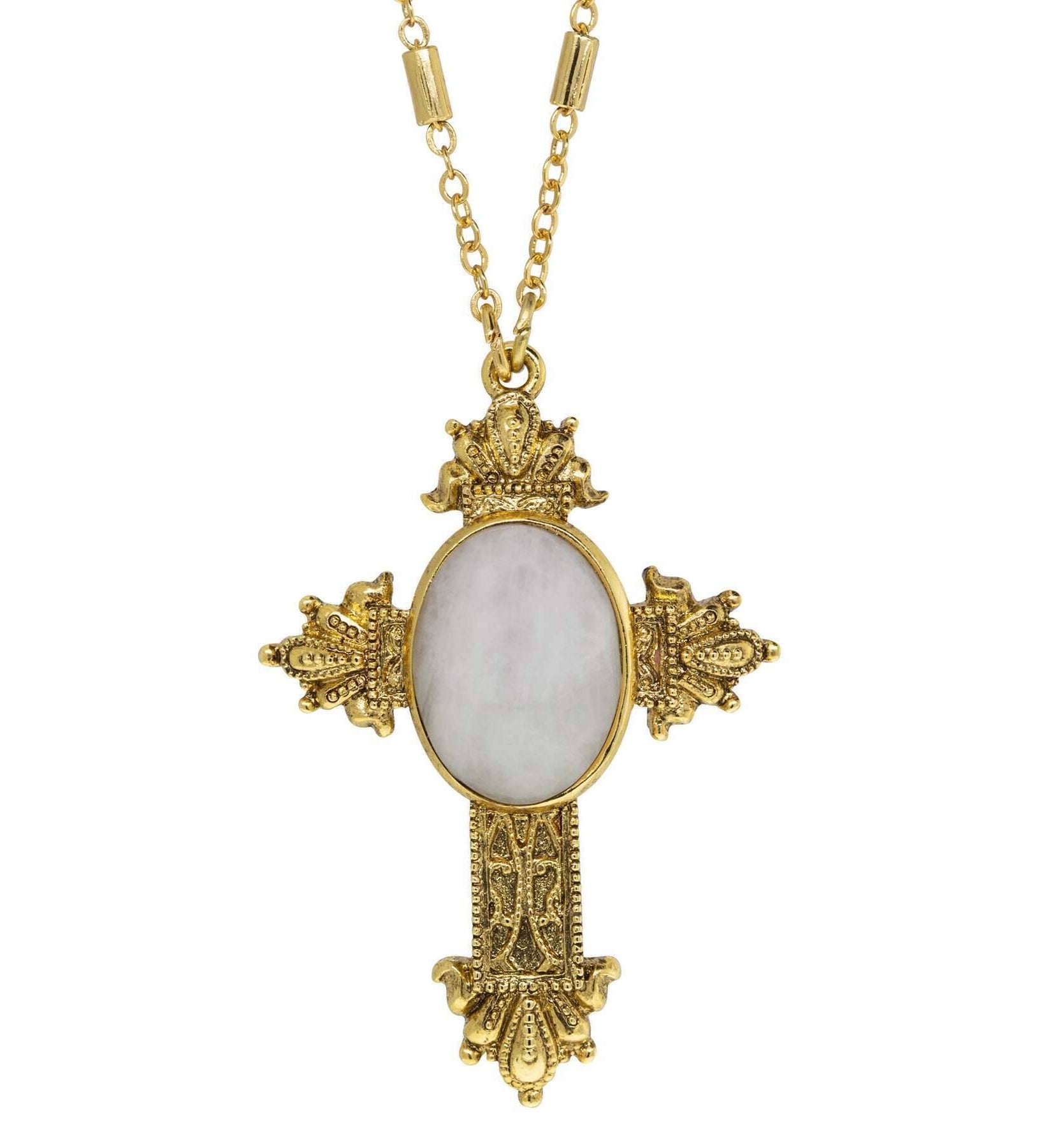 Symbols Of Faith Oval Genuine Gemstone Intricate Cross Pendant Necklace 28"