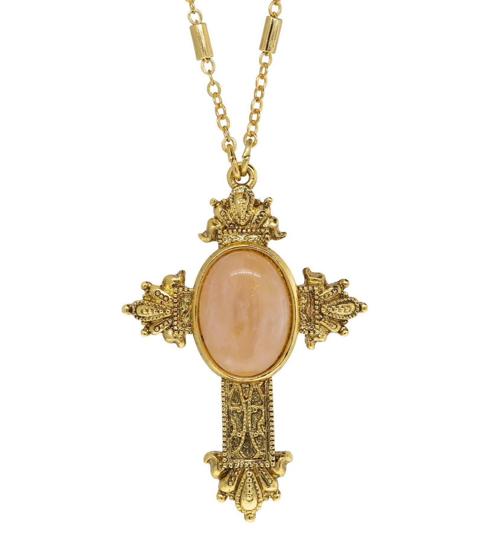 Symbols Of Faith Oval Genuine Gemstone Intricate Cross Pendant Necklace 28"