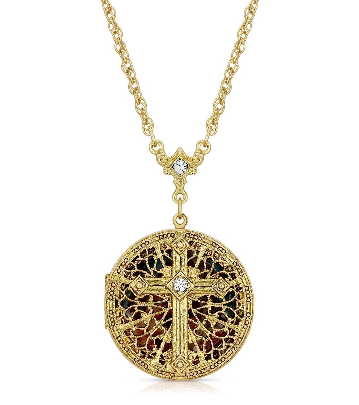 Symbols Of Faith Crystal Cross Mary And Child Locket Necklace 30"
