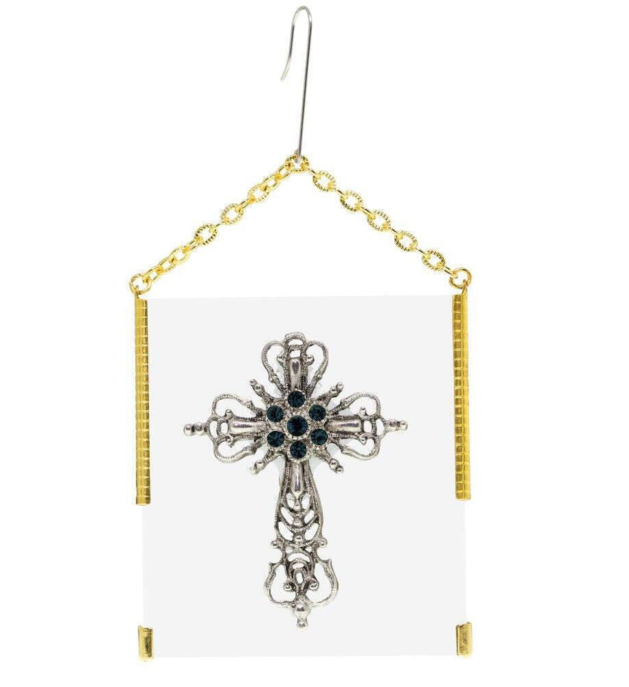 Symbols Of Faith Glass Vintage Style Filigree & Crystal Cross Christmas Tree Ornament