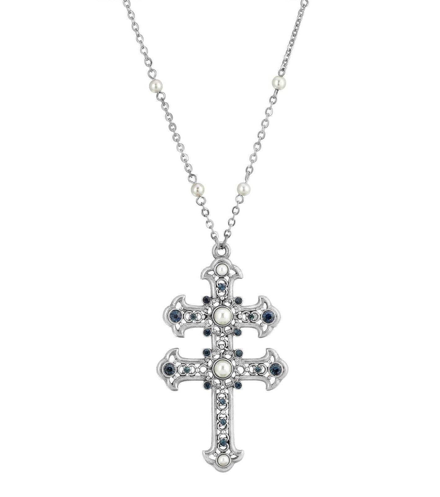 Symbols Of Faith Crystal and Faux Pearl Double Cross 30 Pendant Necklace