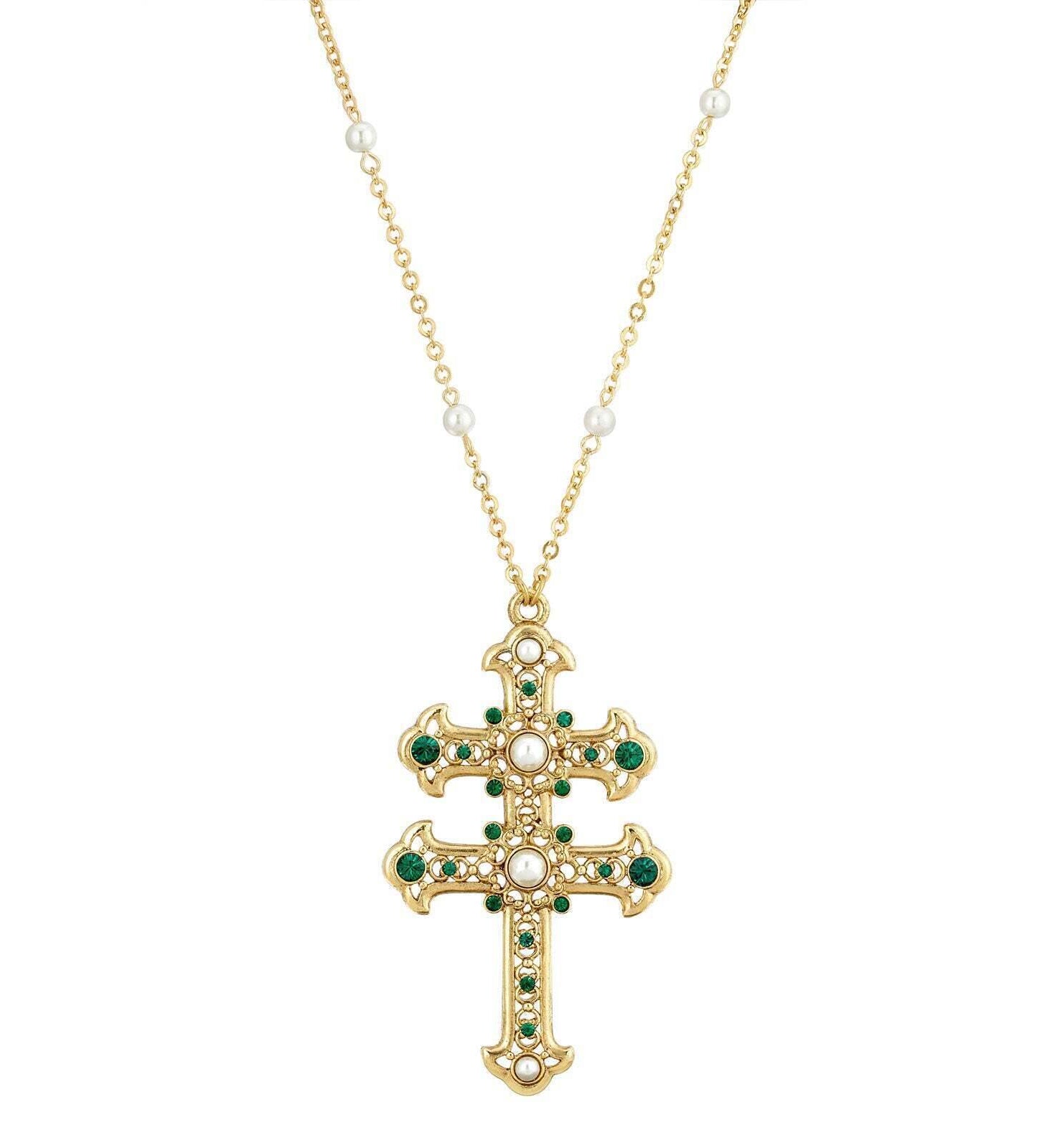 Symbols Of Faith Crystal and Faux Pearl Double Cross 30 Pendant Necklace