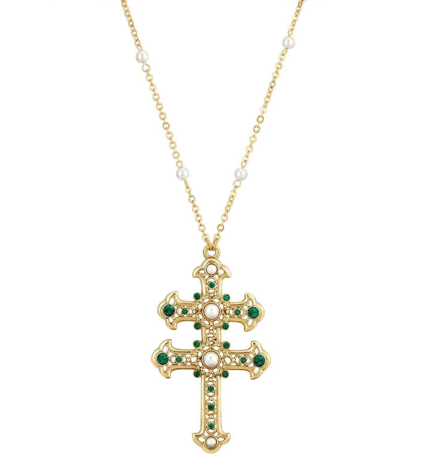 Symbols Of Faith Crystal and Faux Pearl Double Cross 30 Pendant Necklace