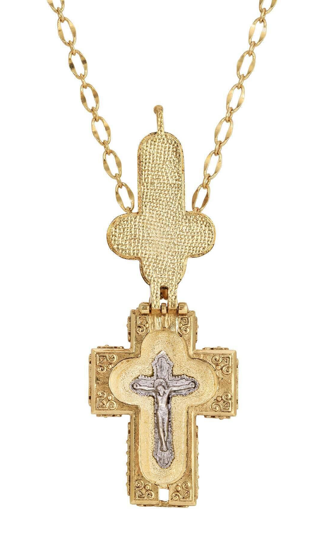 Symbols Of Faith Glass Stone Faux Pearl Cross Reliquary Pendant Necklace 32"