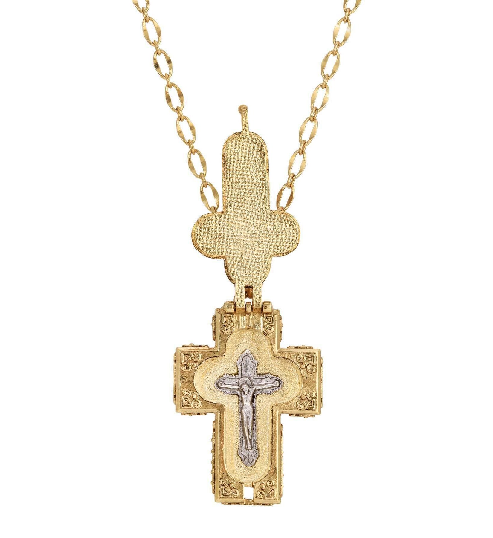 Symbols Of Faith Glass Stone Faux Pearl Cross Reliquary Pendant Necklace 32"