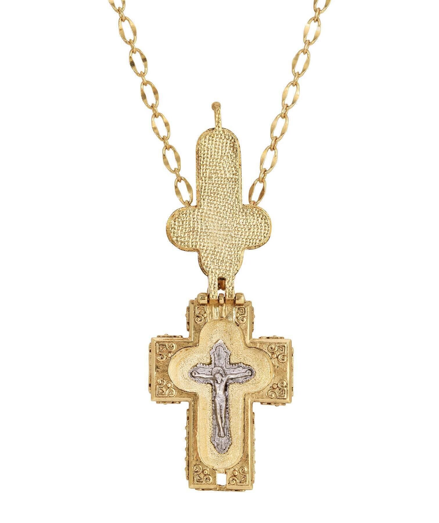 Symbols Of Faith Glass Stone Faux Pearl Cross Reliquary Pendant Necklace 32"