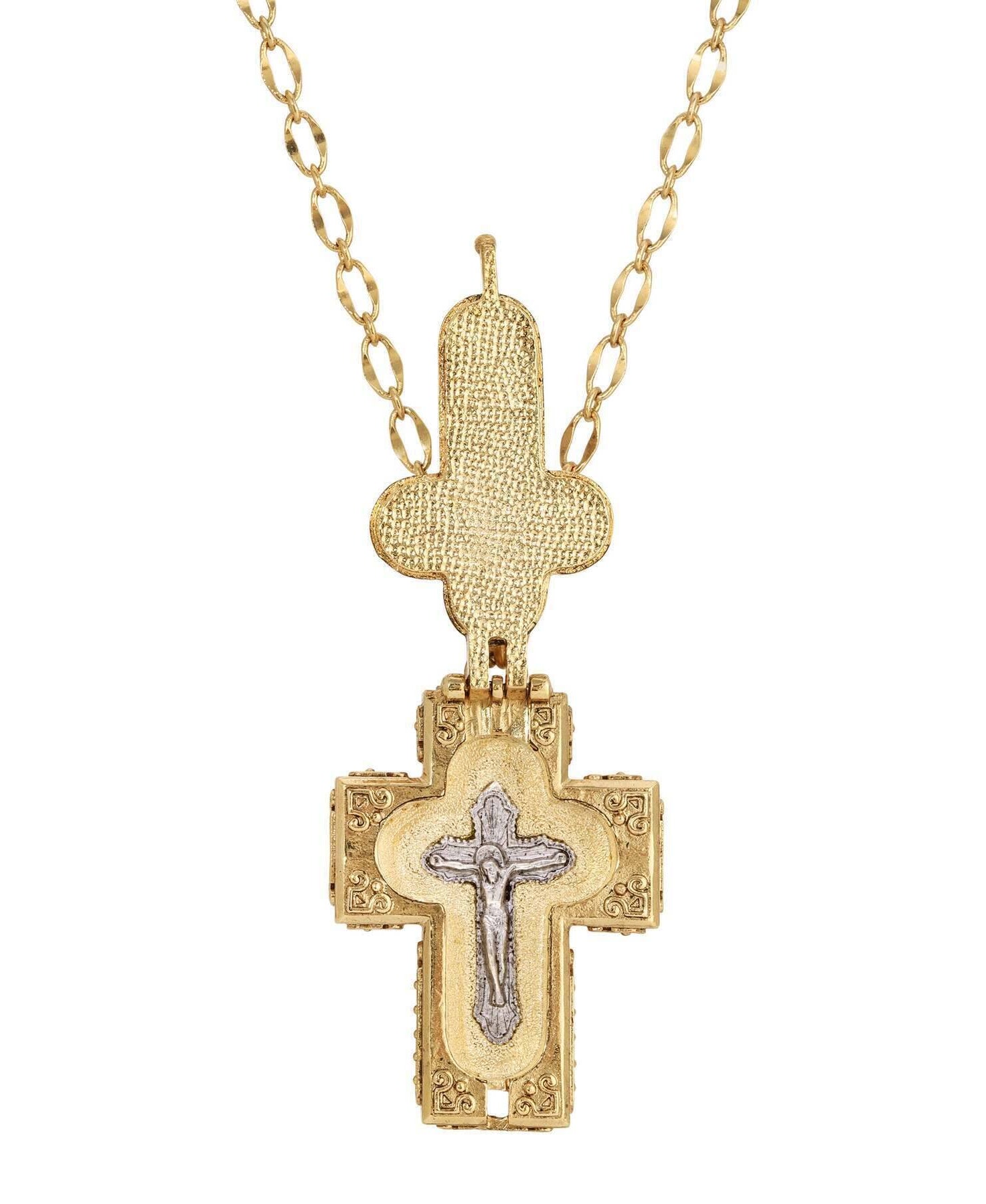 Symbols Of Faith Glass Stone Faux Pearl Cross Reliquary Pendant Necklace 32"