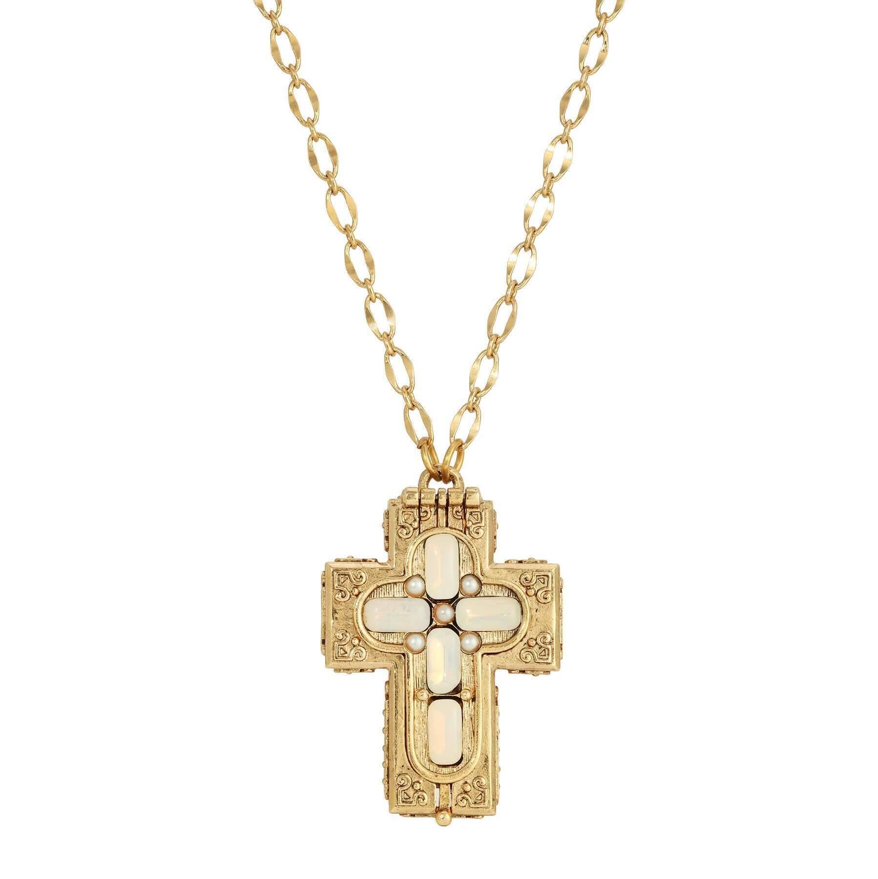 Symbols Of Faith Glass Stone Faux Pearl Cross Reliquary Pendant Necklace 32"