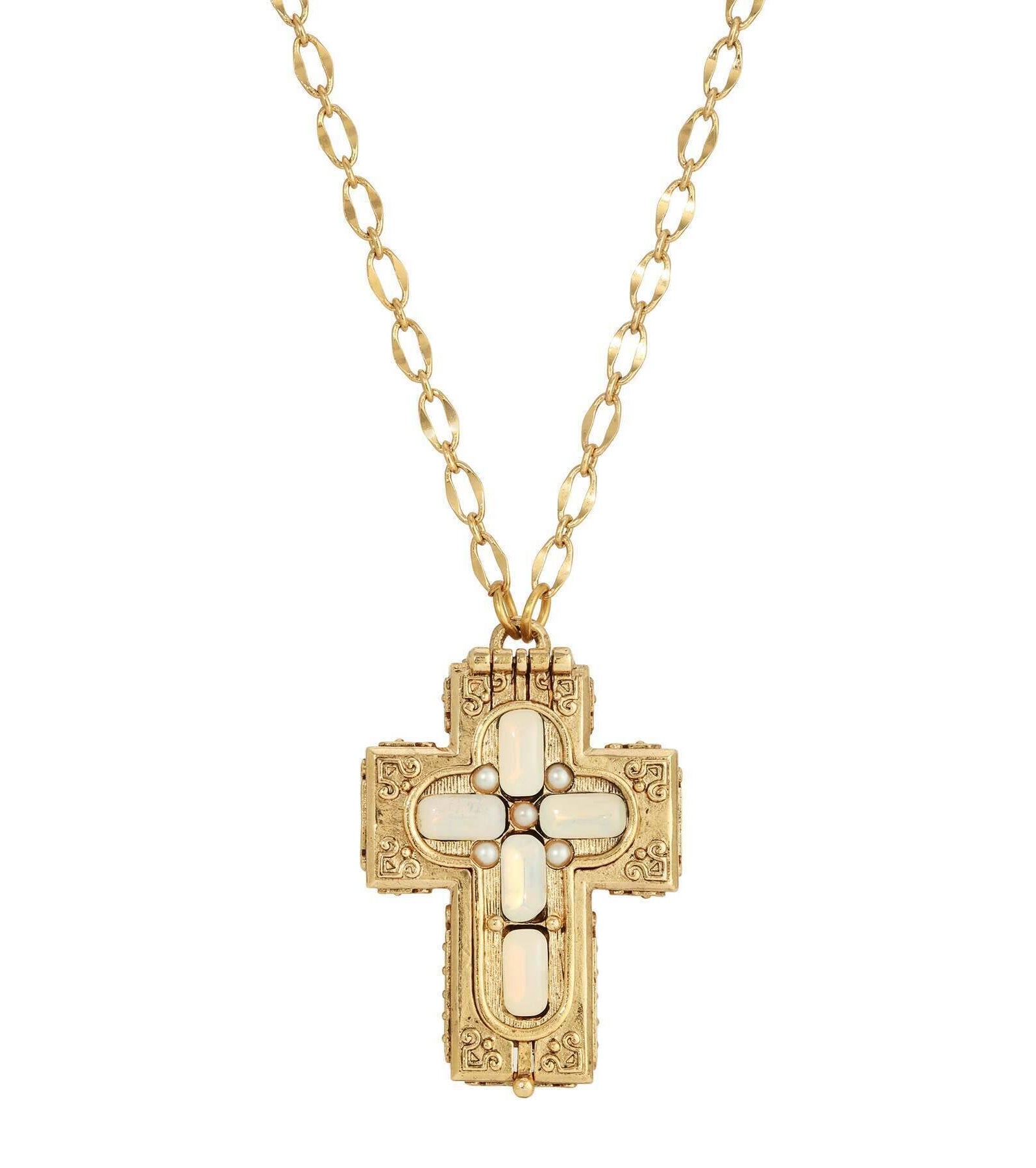 Symbols Of Faith Glass Stone Faux Pearl Cross Reliquary Pendant Necklace 32"