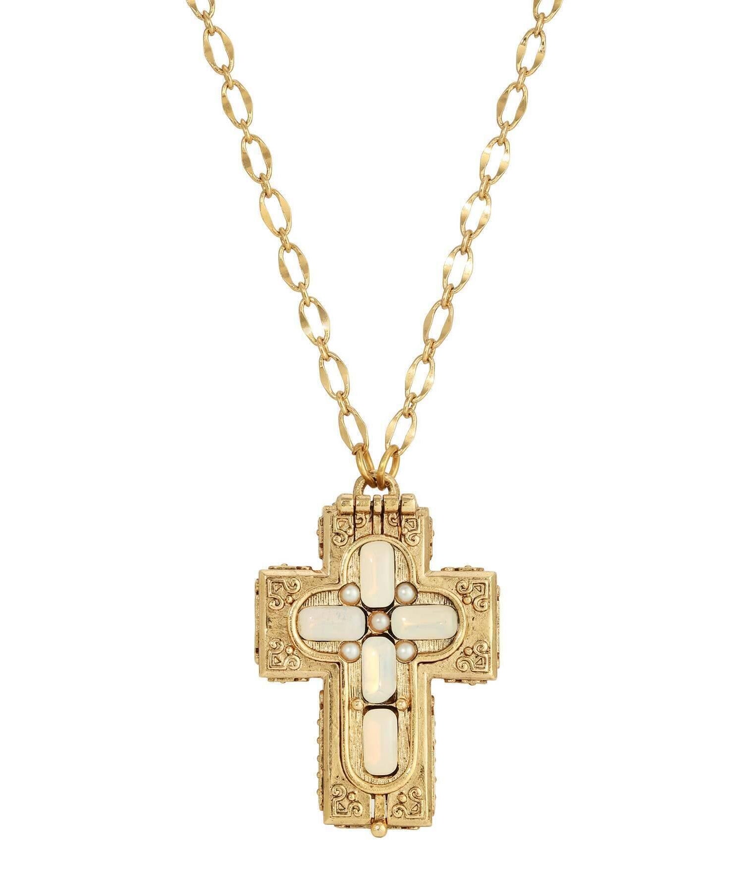 Symbols Of Faith Glass Stone Faux Pearl Cross Reliquary Pendant Necklace 32"