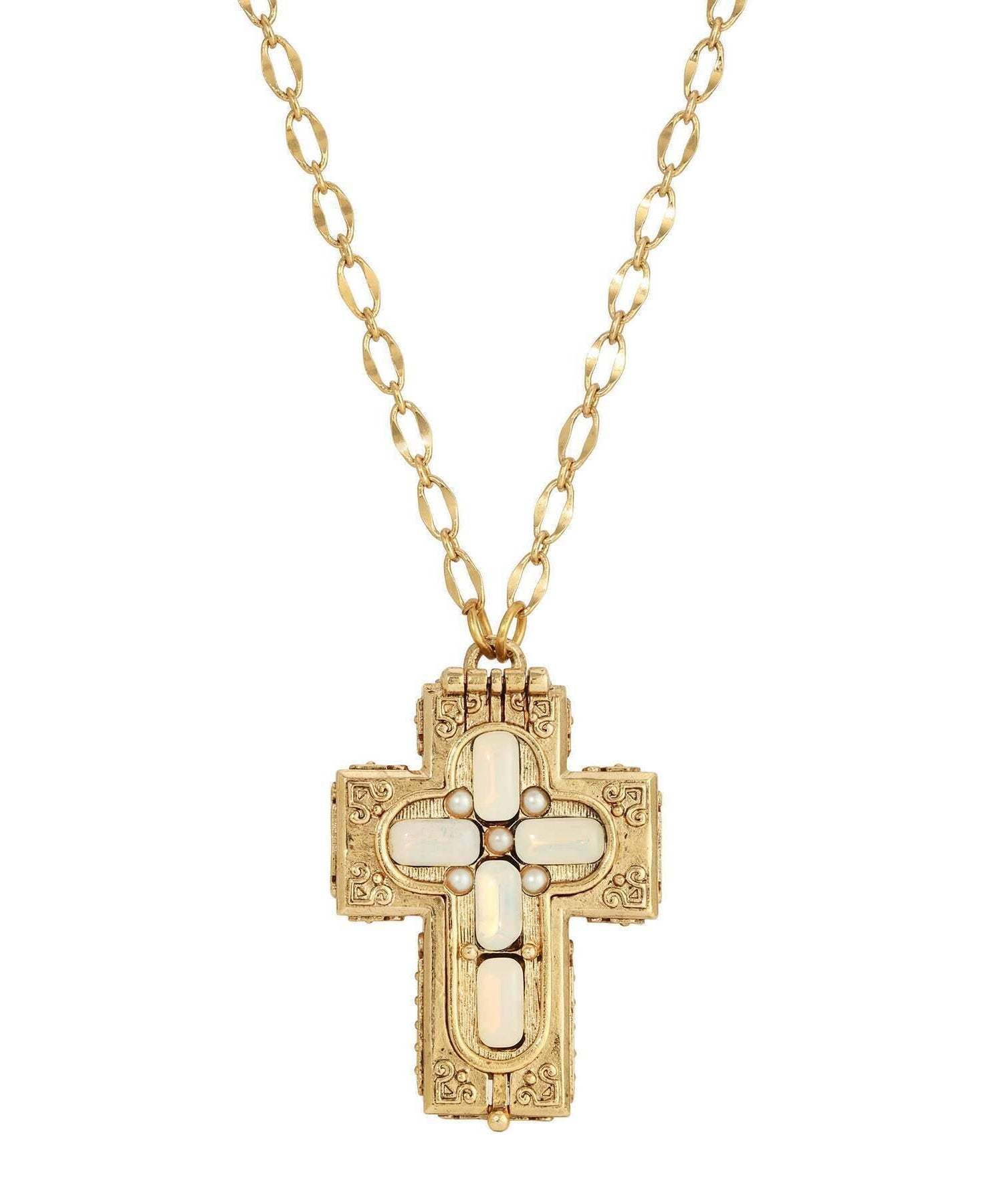 Symbols Of Faith Glass Stone Faux Pearl Cross Reliquary Pendant Necklace 32"