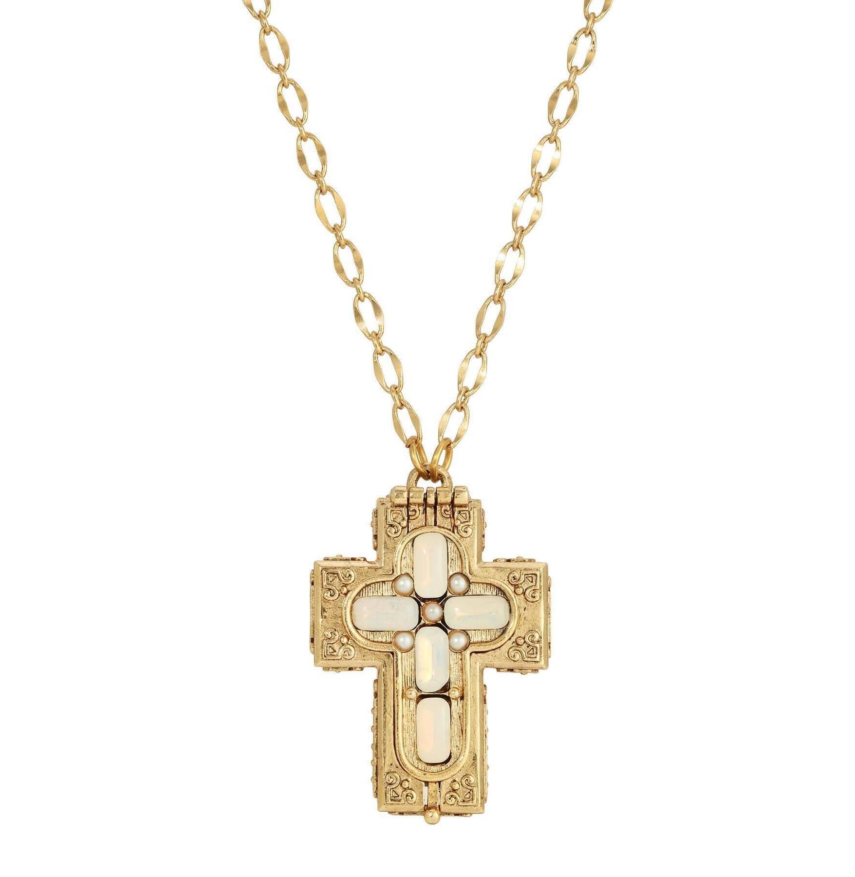 Symbols Of Faith Glass Stone Faux Pearl Cross Reliquary Pendant Necklace 32"