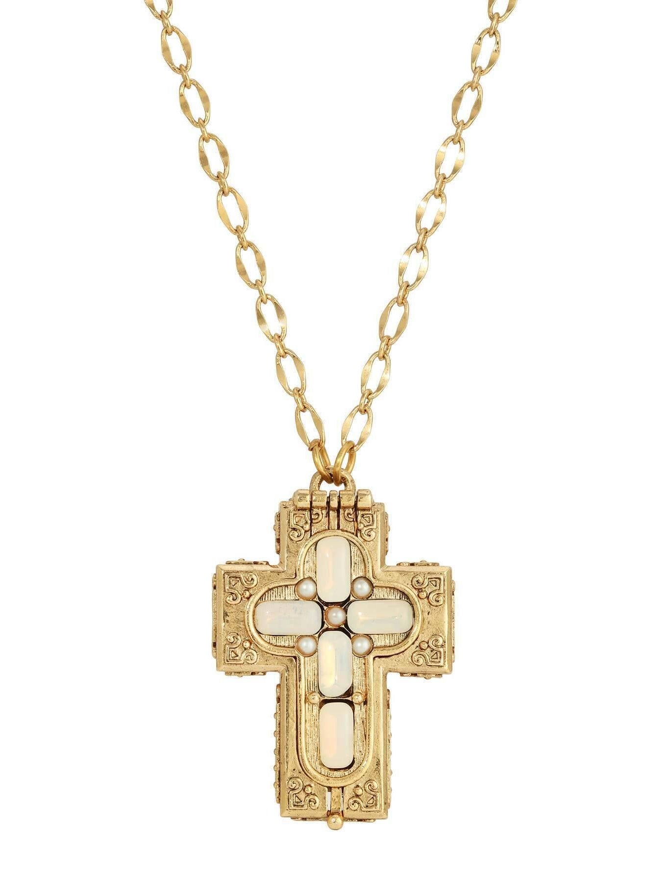 Symbols Of Faith Glass Stone Faux Pearl Cross Reliquary Pendant Necklace 32"