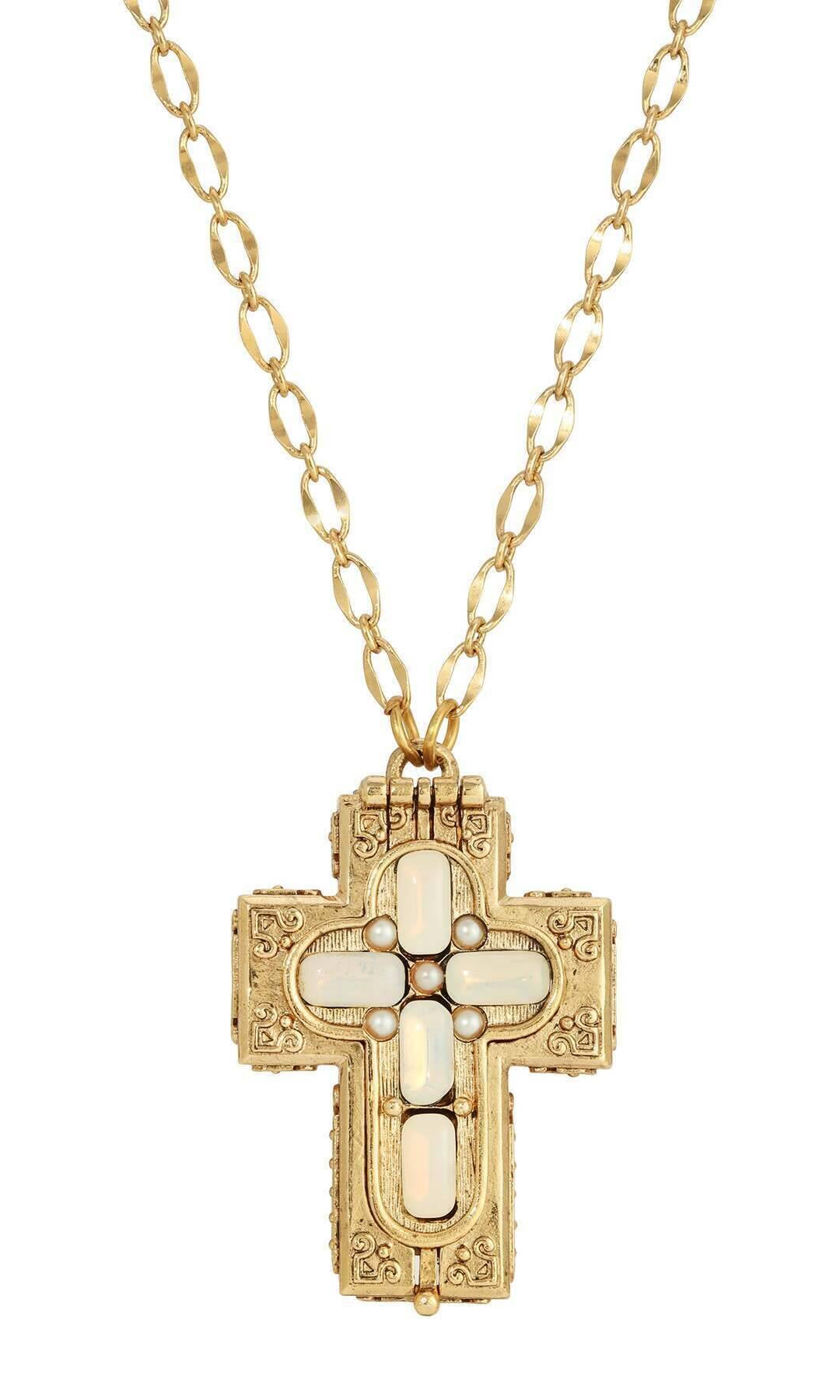 Symbols Of Faith Glass Stone Faux Pearl Cross Reliquary Pendant Necklace 32"