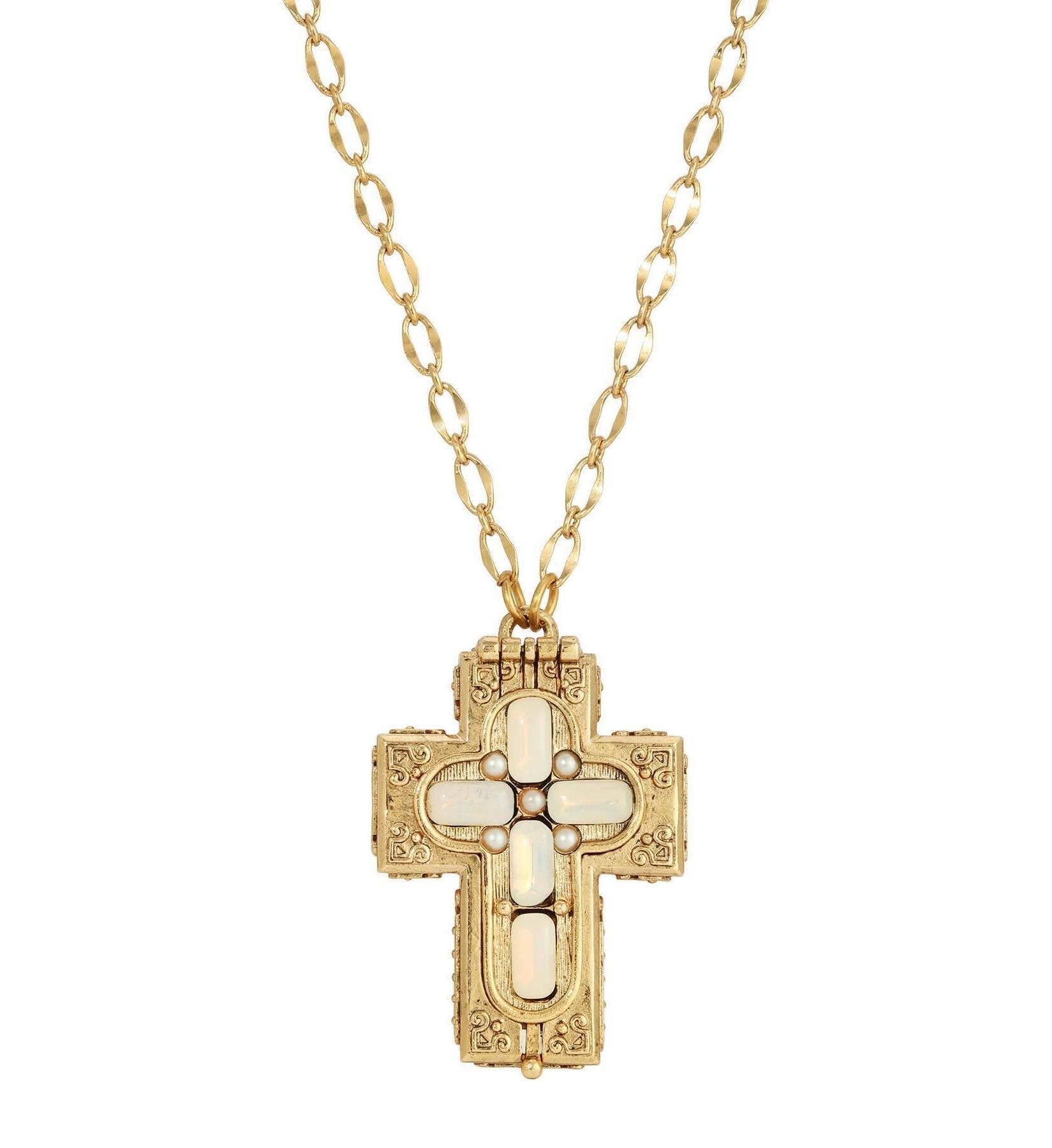 Symbols Of Faith Glass Stone Faux Pearl Cross Reliquary Pendant Necklace 32"