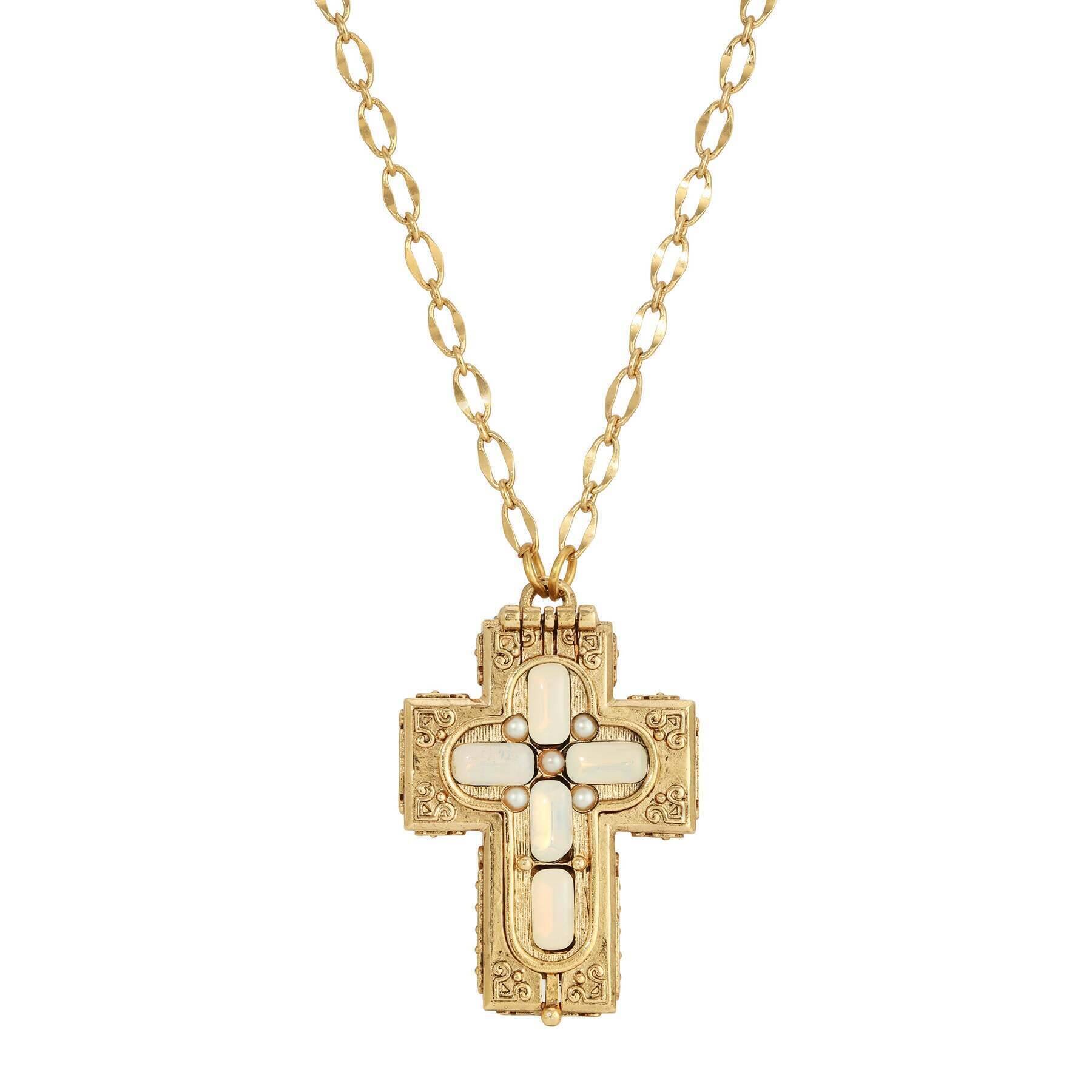 Symbols Of Faith Glass Stone Faux Pearl Cross Reliquary Pendant Necklace 32"