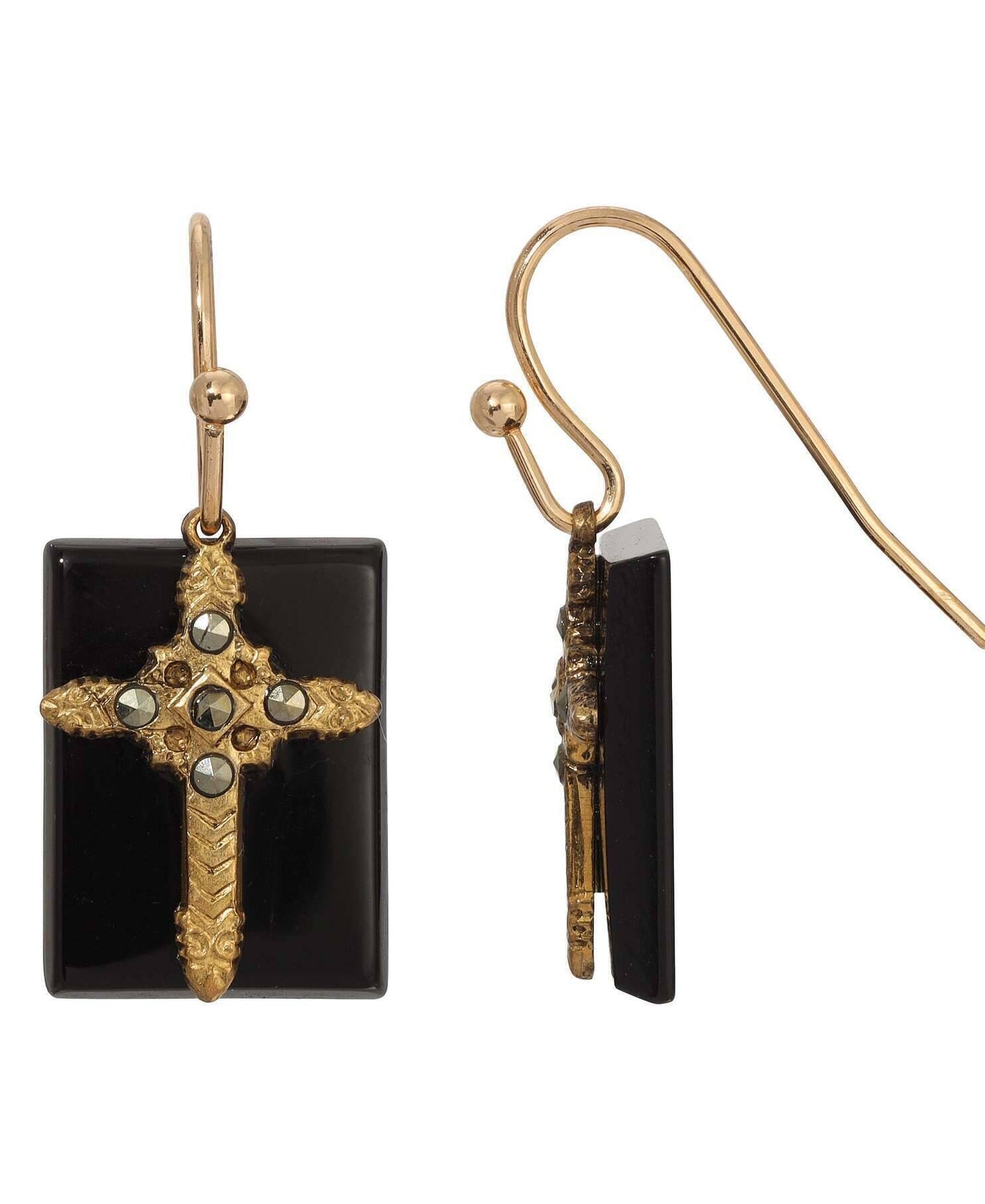Symbols Of Faith Rectangular Gemstone Marcasite Stone Cross Drop Earrings