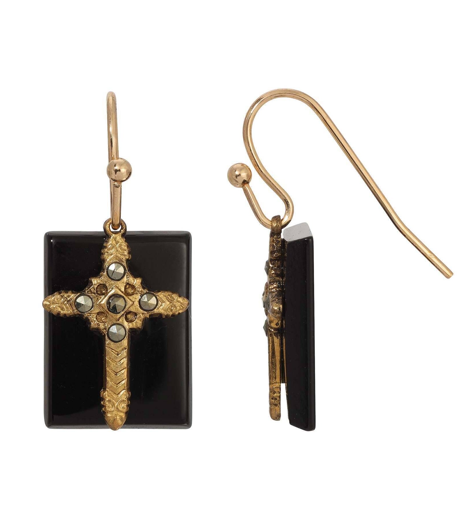 Symbols Of Faith Rectangular Gemstone Marcasite Stone Cross Drop Earrings