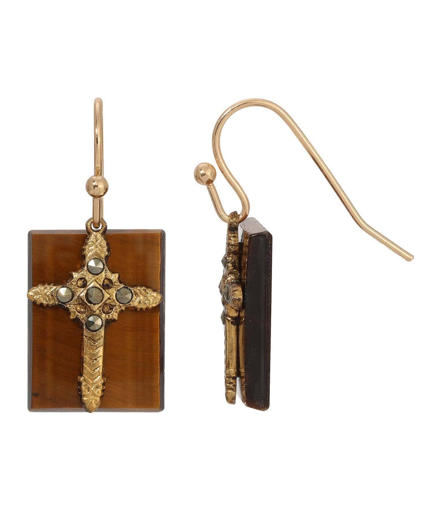Symbols Of Faith Rectangular Gemstone Marcasite Stone Cross Drop Earrings