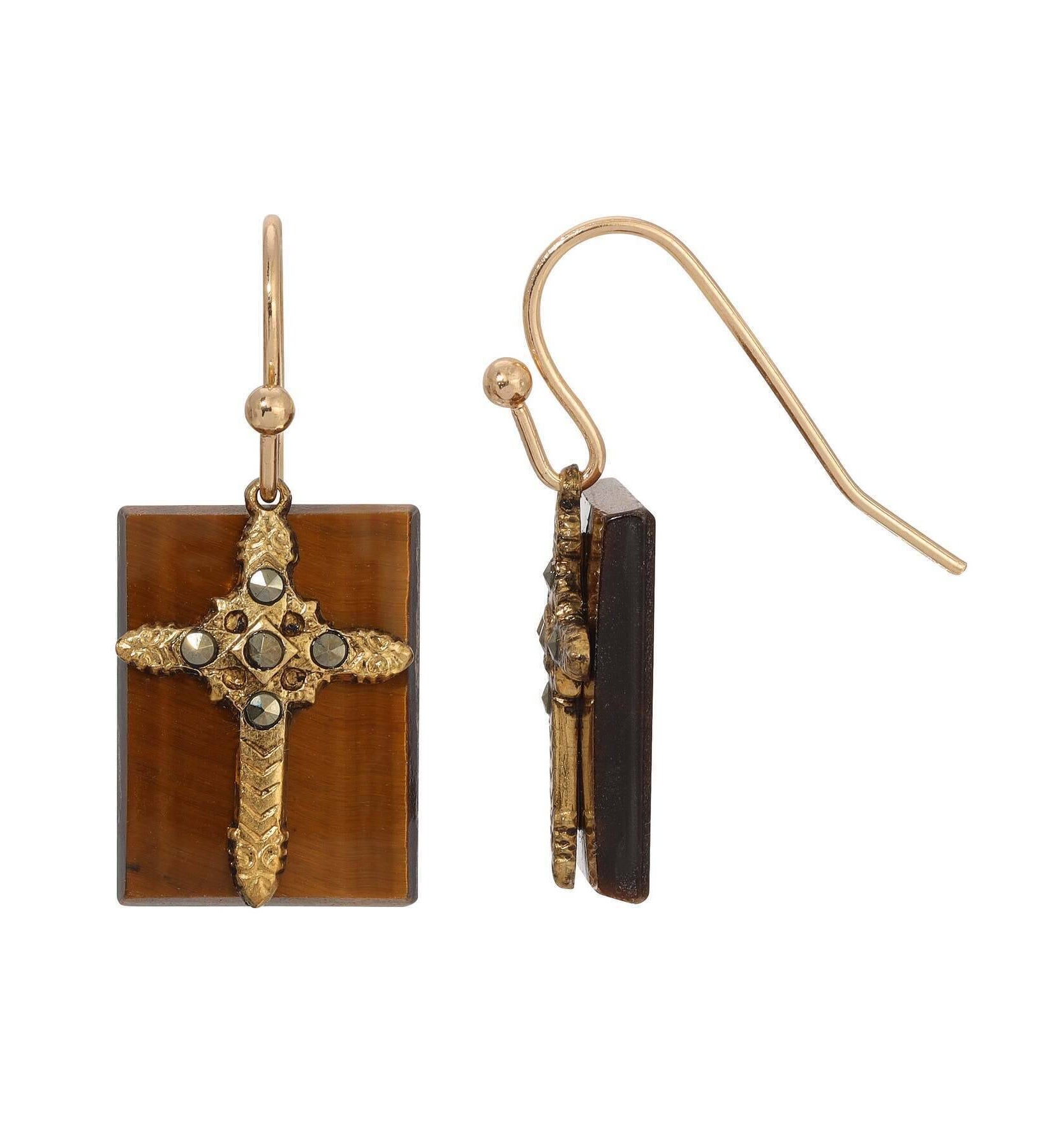 Symbols Of Faith Rectangular Gemstone Marcasite Stone Cross Drop Earrings
