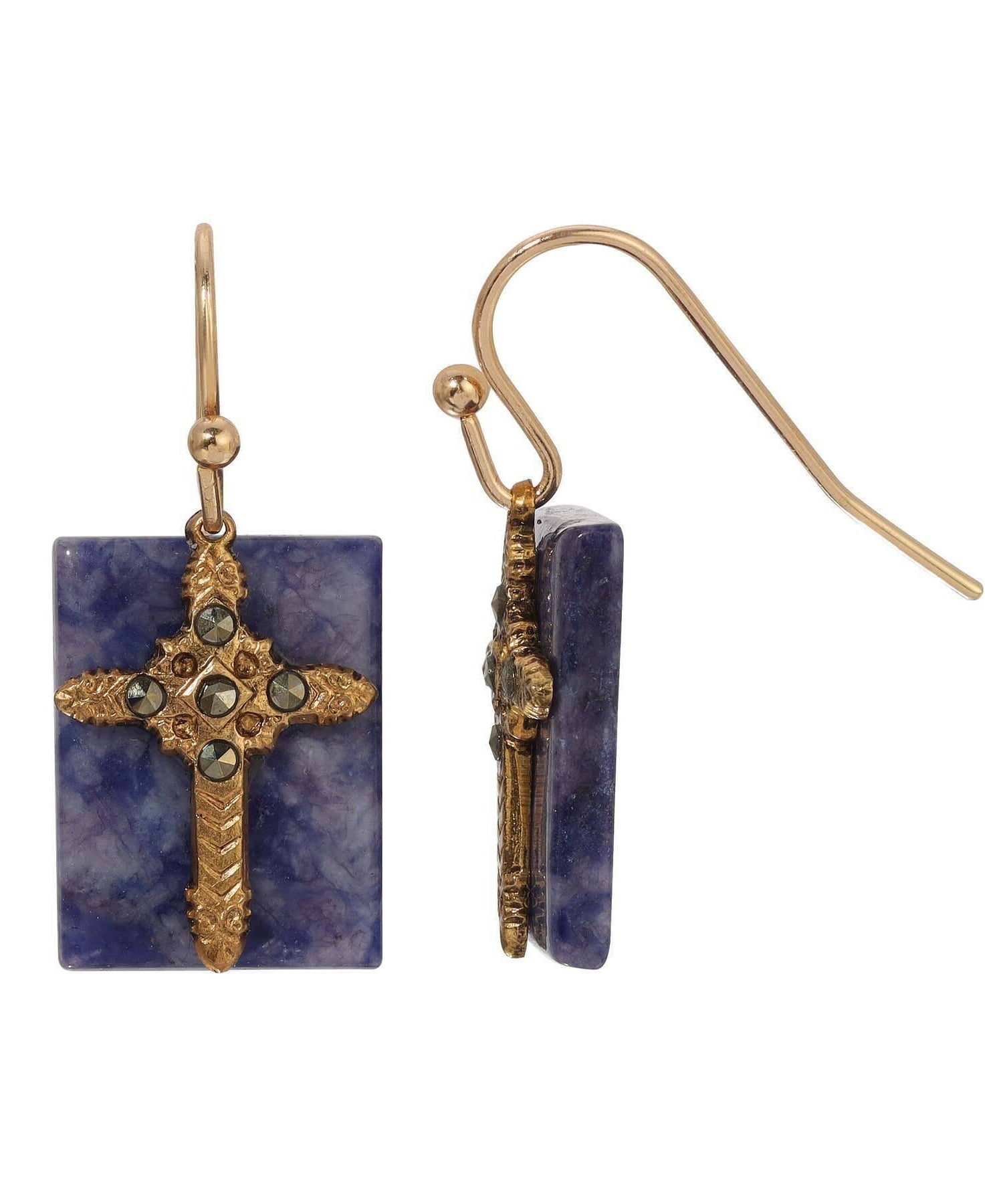 Symbols Of Faith Rectangular Gemstone Marcasite Stone Cross Drop Earrings