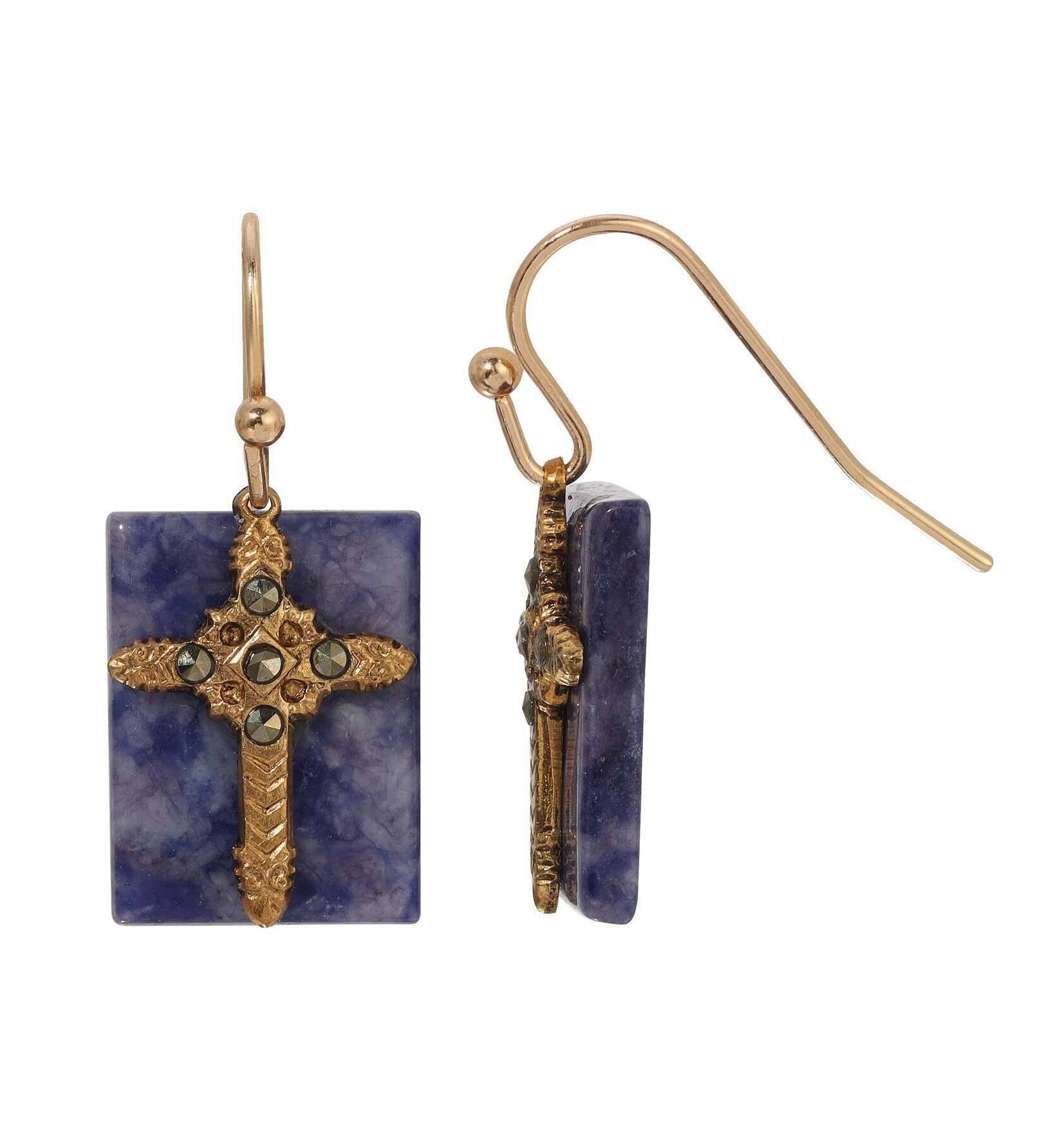 Symbols Of Faith Rectangular Gemstone Marcasite Stone Cross Drop Earrings
