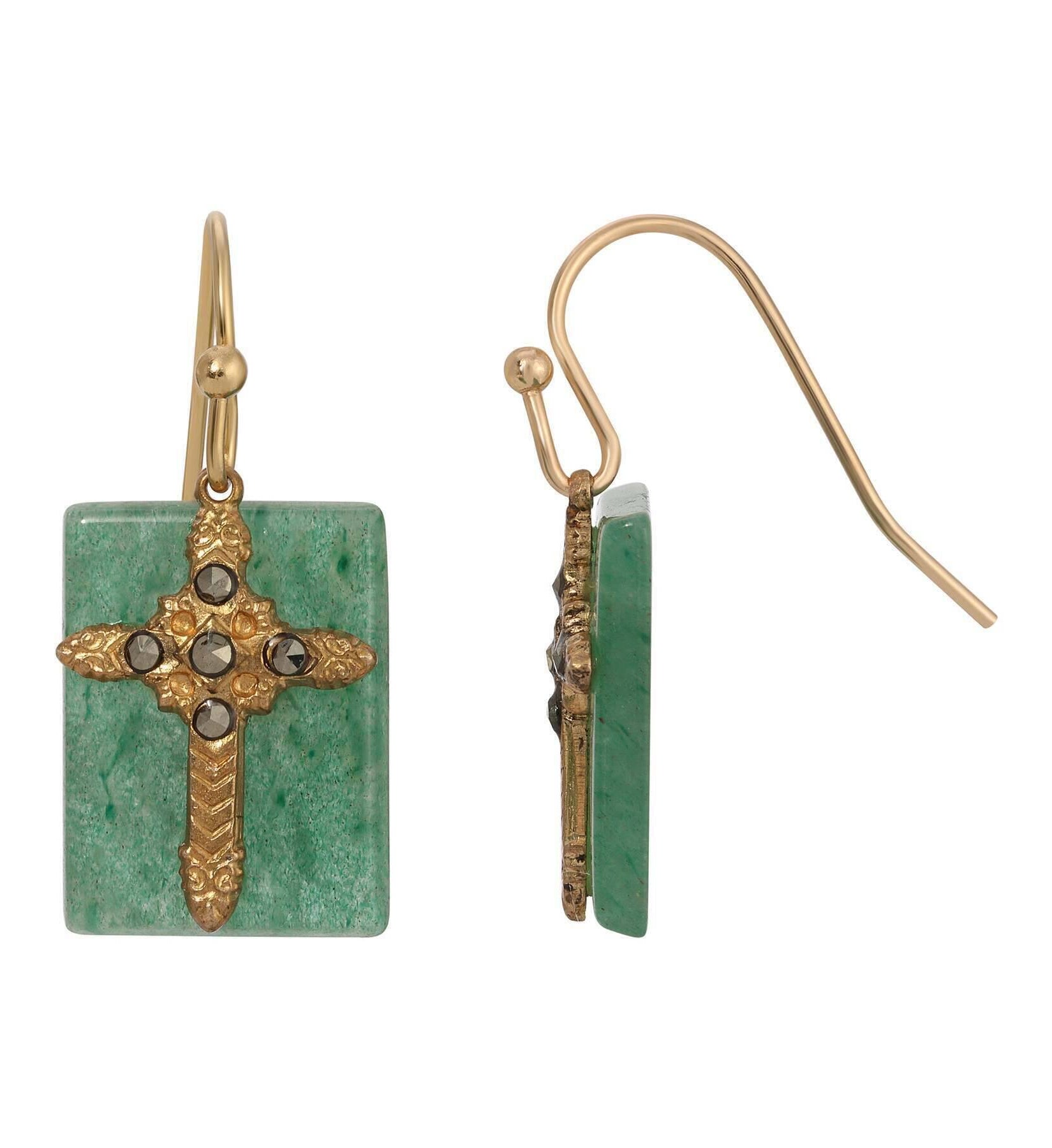 Symbols Of Faith Rectangular Gemstone Marcasite Stone Cross Drop Earrings