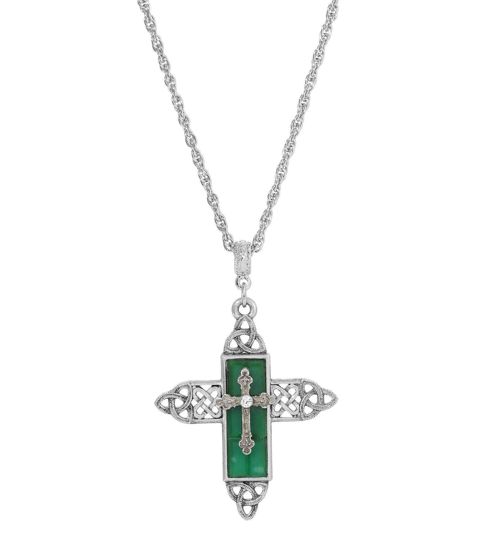 Symbols Of Faith Triquetra Cross Glass Pendant Necklace 28"L