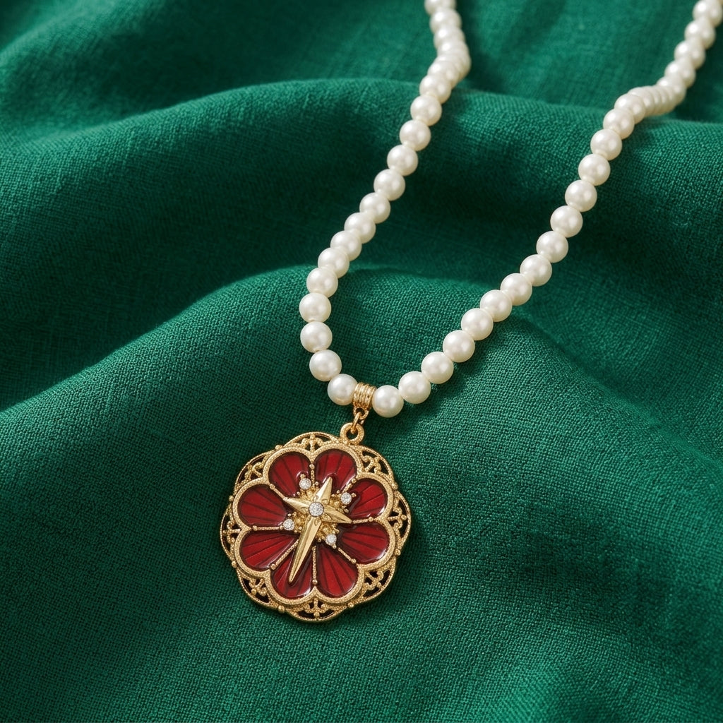 Pearl necklace with a red and gold cross and floral pendant on a green fabric background
