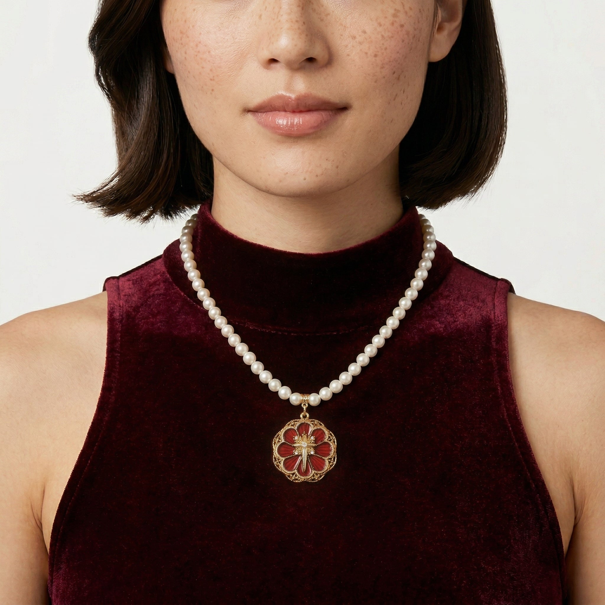 Woman wearing a faux pearl necklace with a red floral and cross pendant on a plain background
