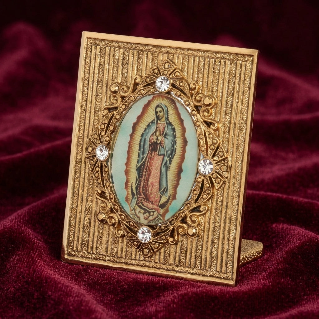 Decorative table decor with a religious icon, Our Lady of Guadalupe on a red fabric background
