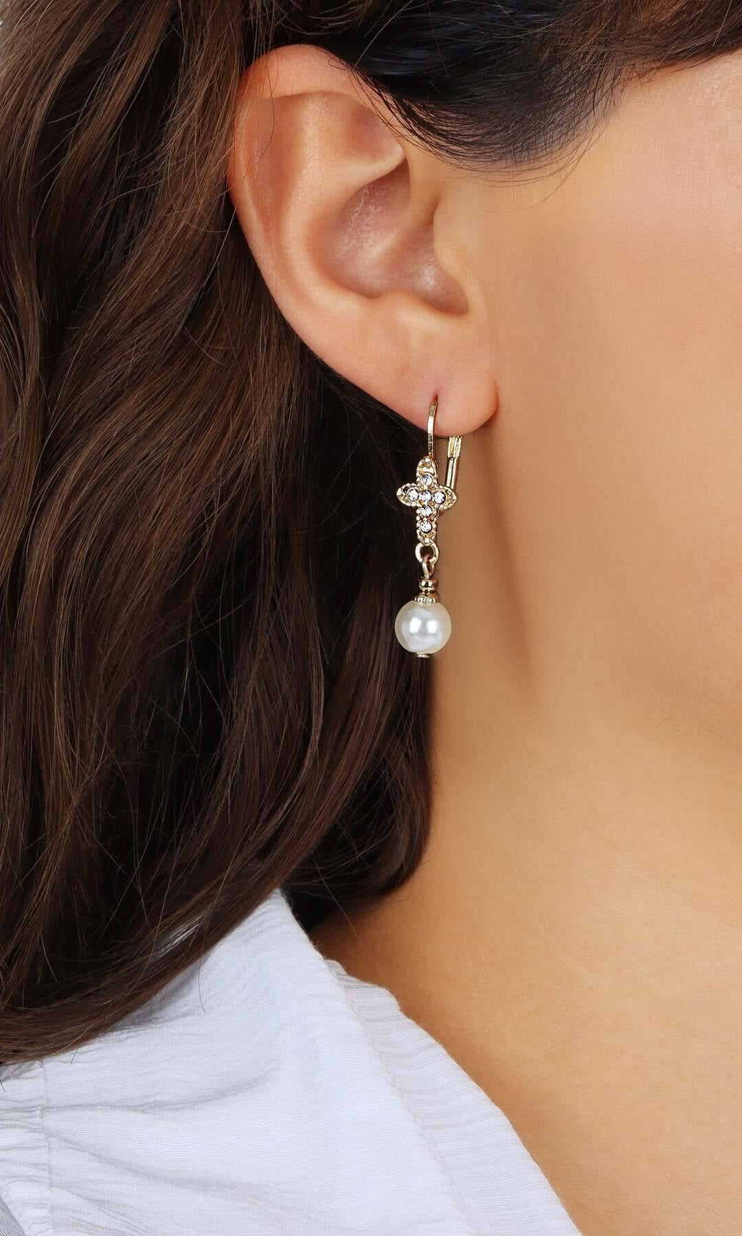 Symbols Of Faith Crystal Cross Faux Pearl Elegance Dangling Earrings