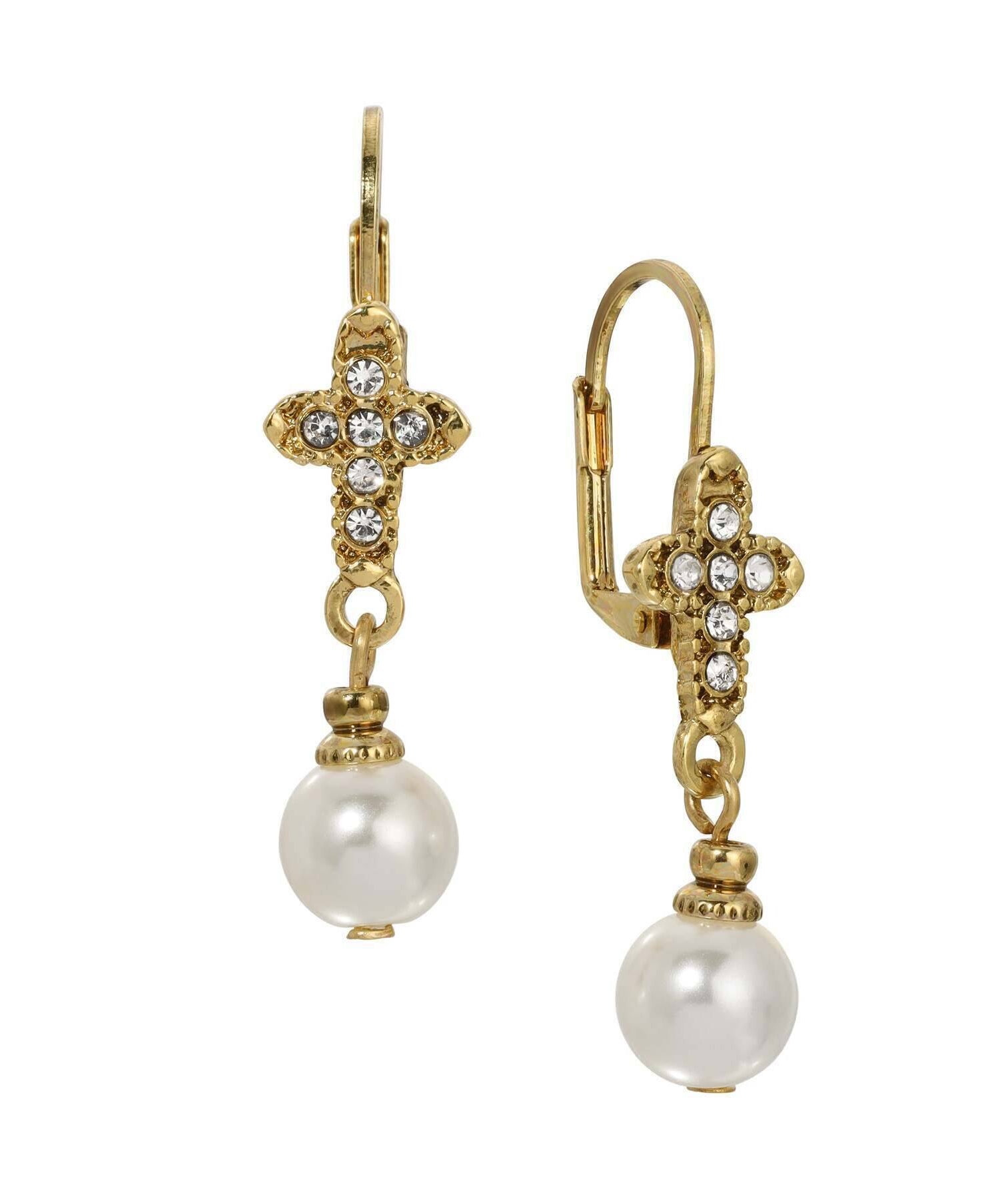 Symbols Of Faith Crystal Cross Faux Pearl Elegance Dangling Earrings