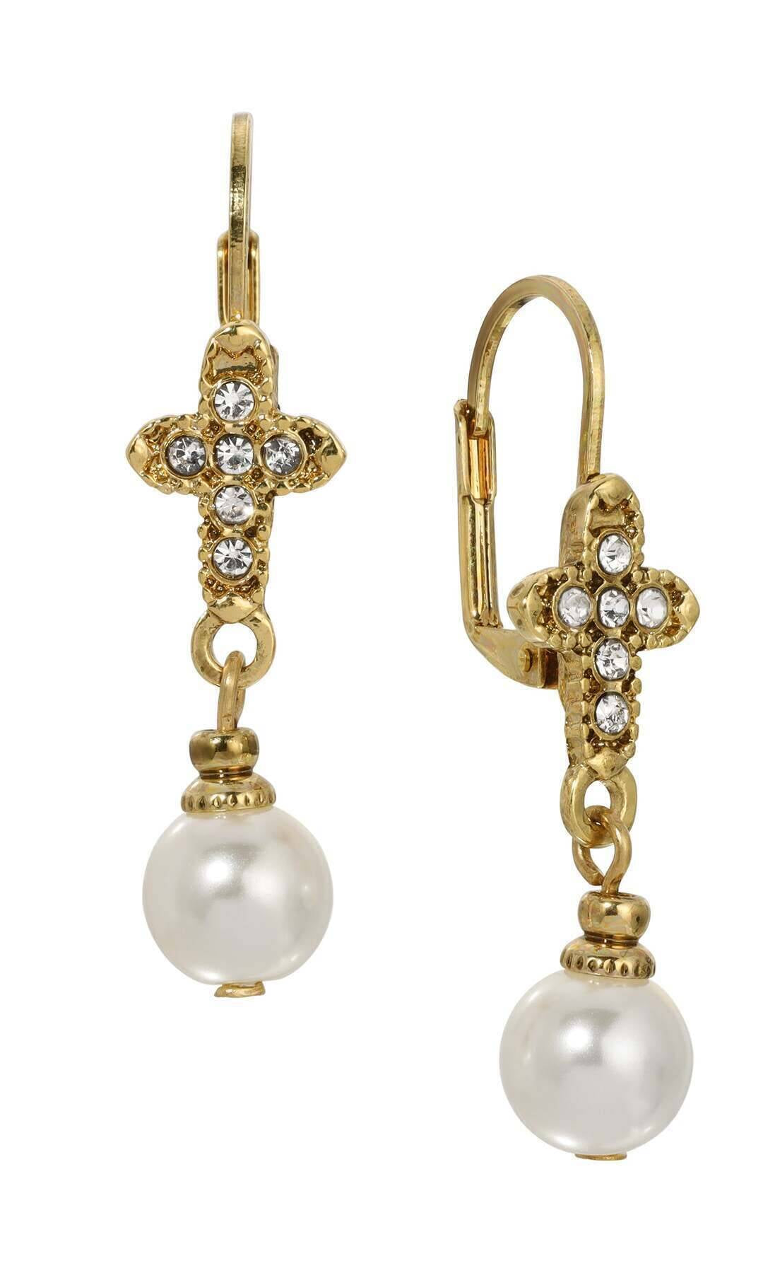 Symbols Of Faith Crystal Cross Faux Pearl Elegance Dangling Earrings