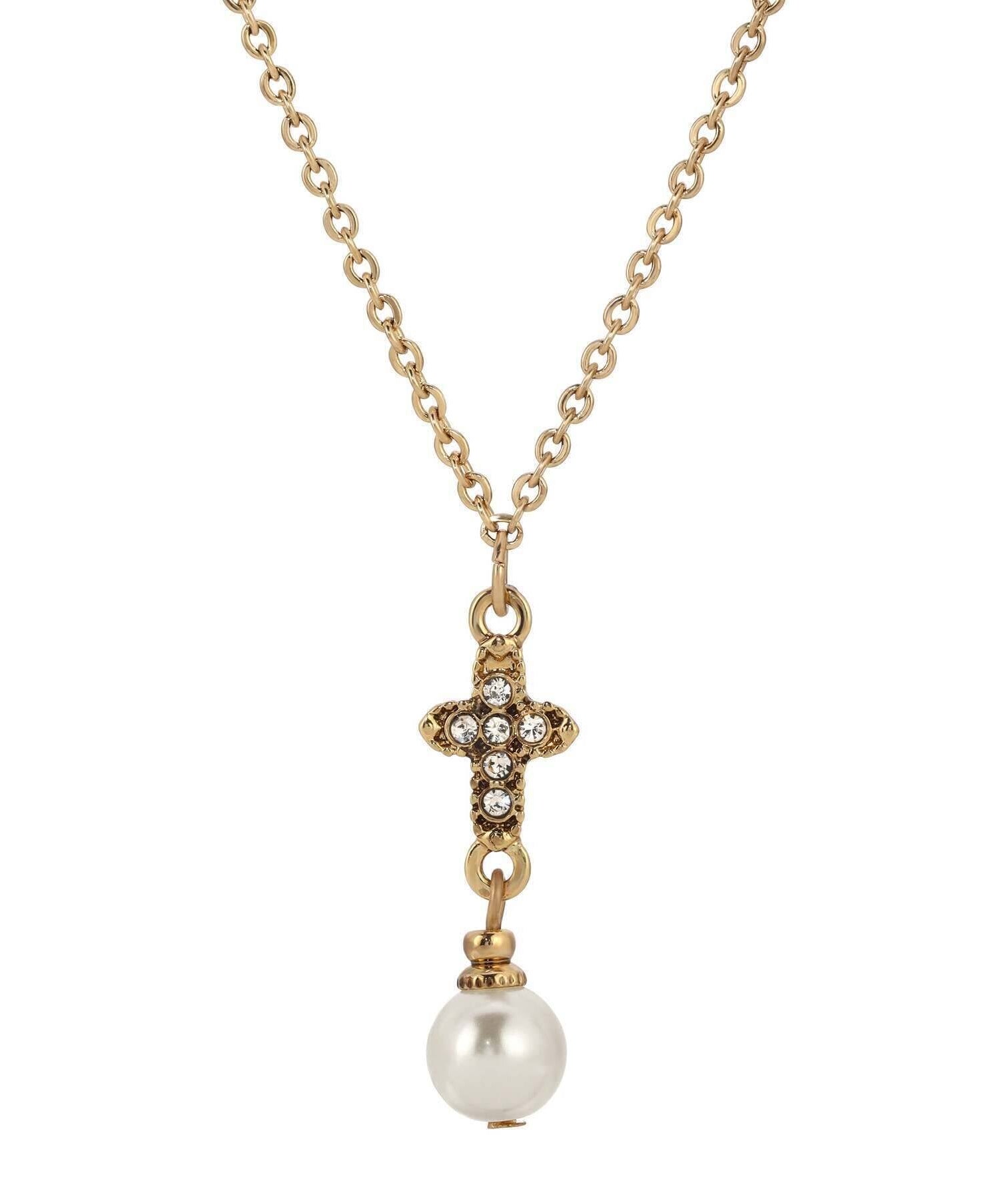 Symbols Of Faith Crystal Cross Faux Pearl Elegance Pendant Necklace 16"