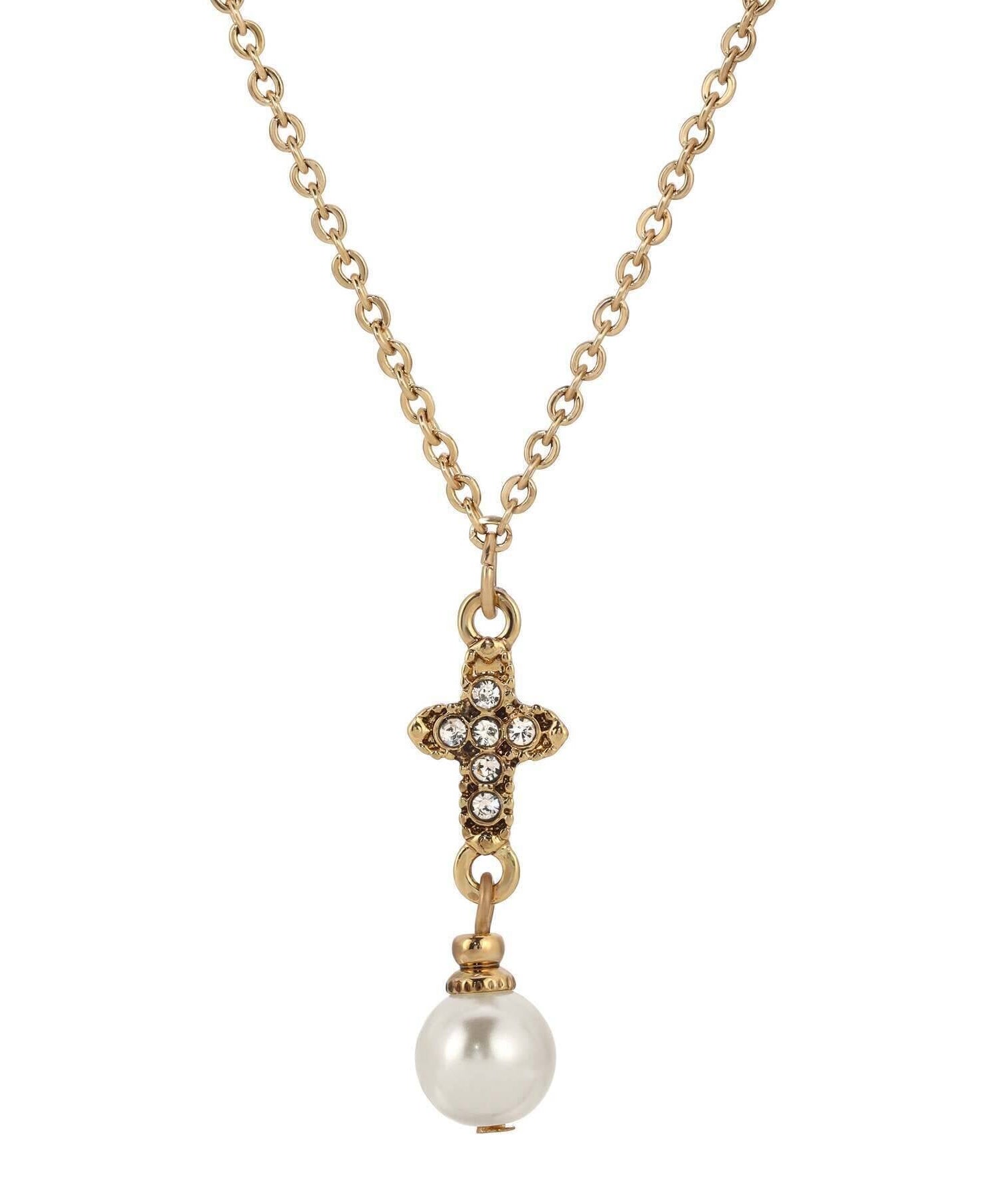 Symbols Of Faith Crystal Cross Faux Pearl Elegance Pendant Necklace 16"