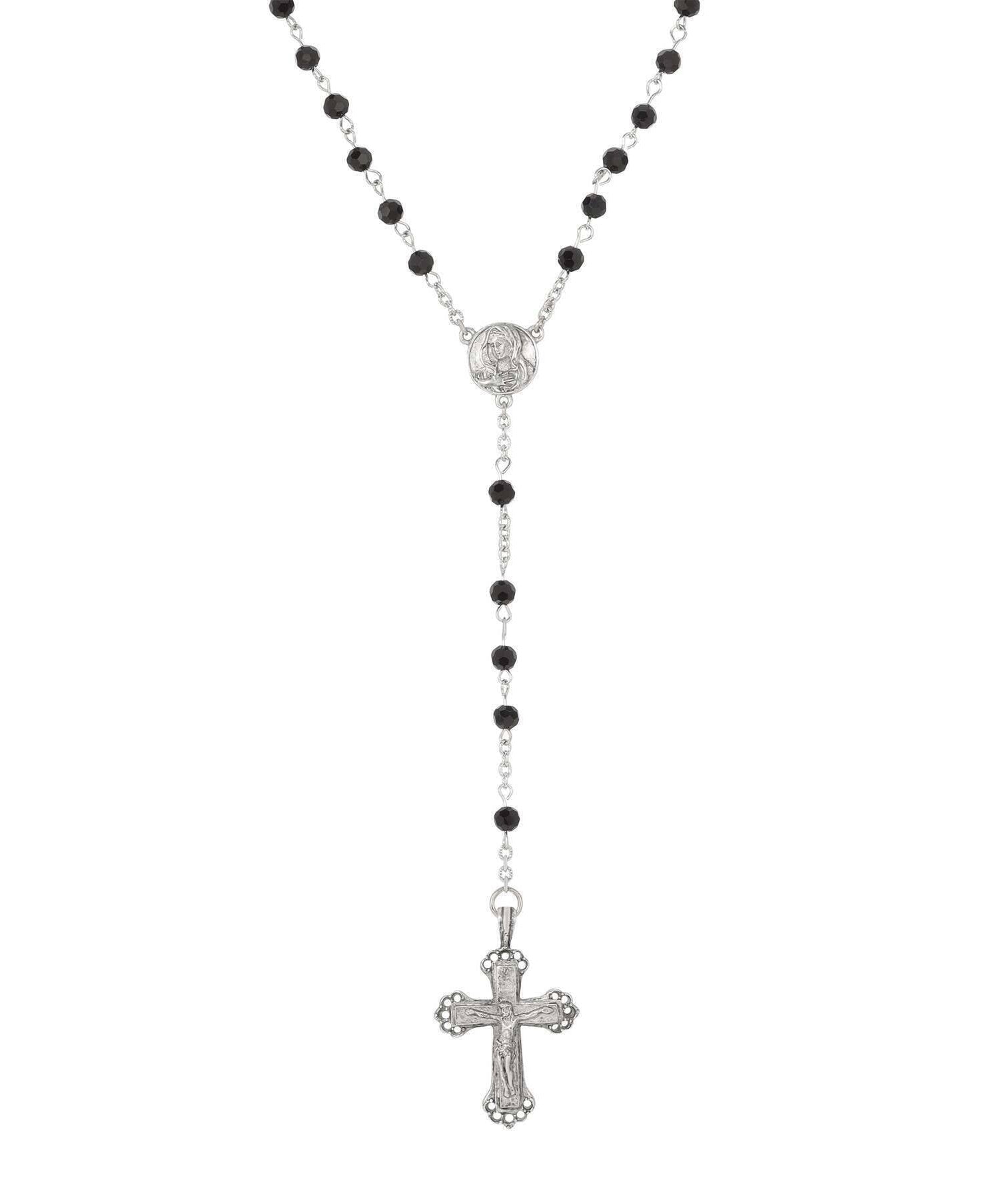 Symbols Of Faith Crucifix & Mother Mary Jet Black Glass Rosary Prayer Beads