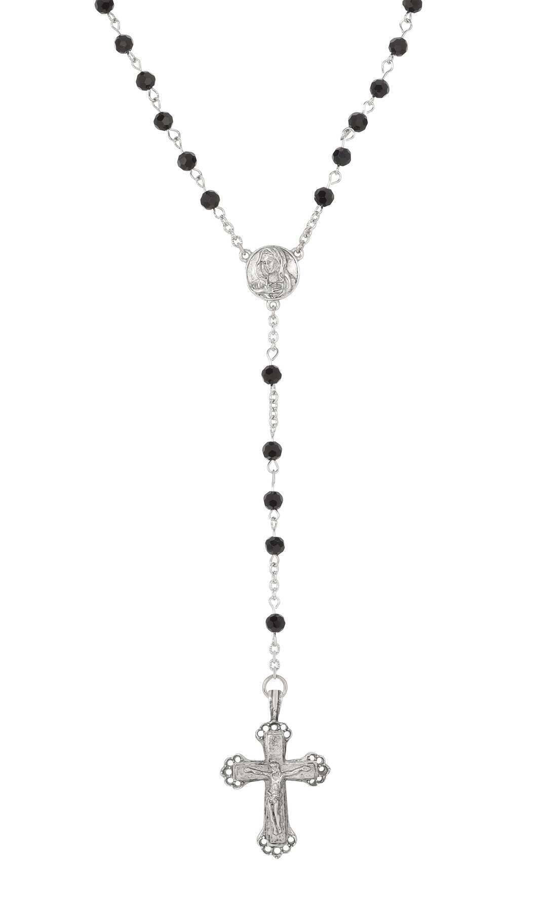 Symbols Of Faith Crucifix & Mother Mary Jet Black Glass Rosary Prayer Beads